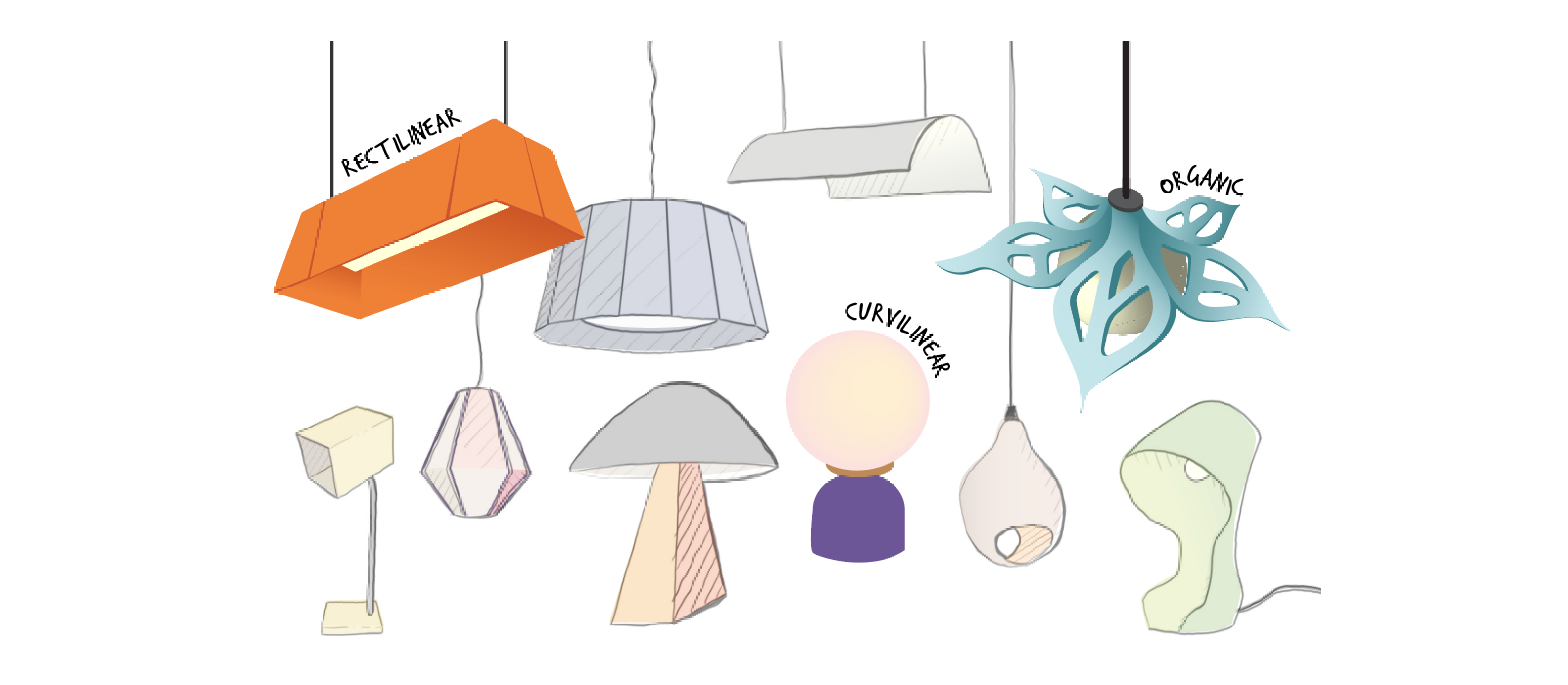 This image includes 10 designs of lamps, where each one is different than the other. The examples apply a combination of rectilinear, curvilinear, and organic elements in unique compositions.