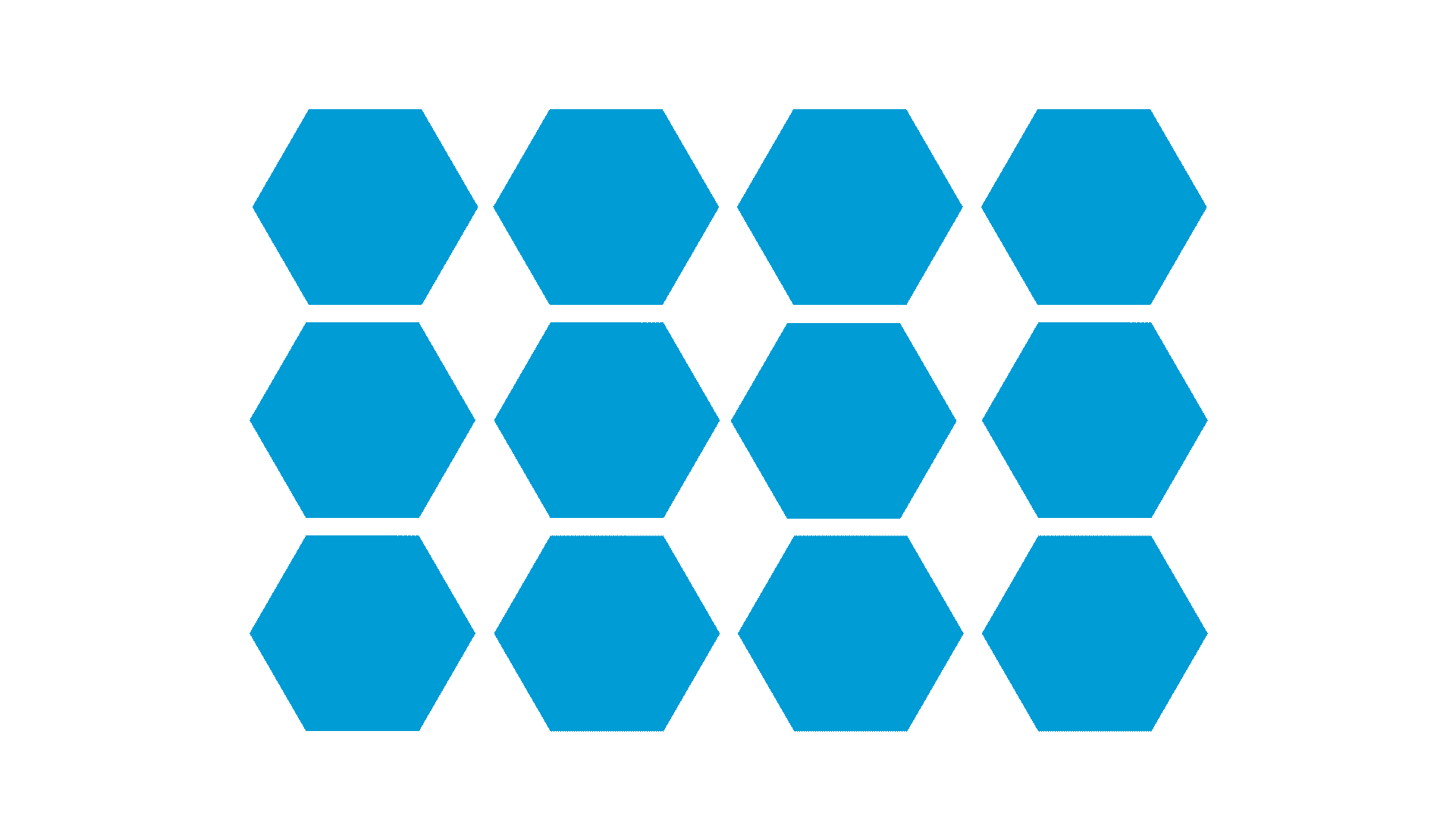 12 blue hexagons are aligned in rows of 4. One of the hexagons in the second row transforms into an orange circle as the animation progresses.