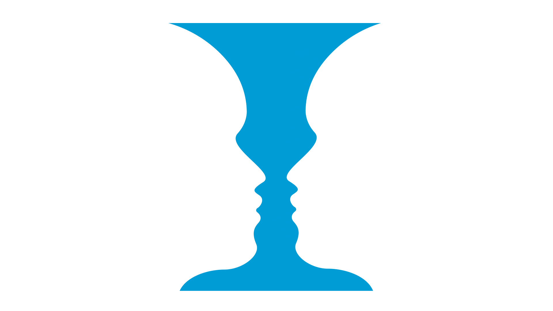The animation begins with a side view of 2 blue head silhouettes facing each other. The negative space between the faces becomes blue and the faces become the colour of the background (white). This negative space forms a blue wine glass with a symmetrical stem.