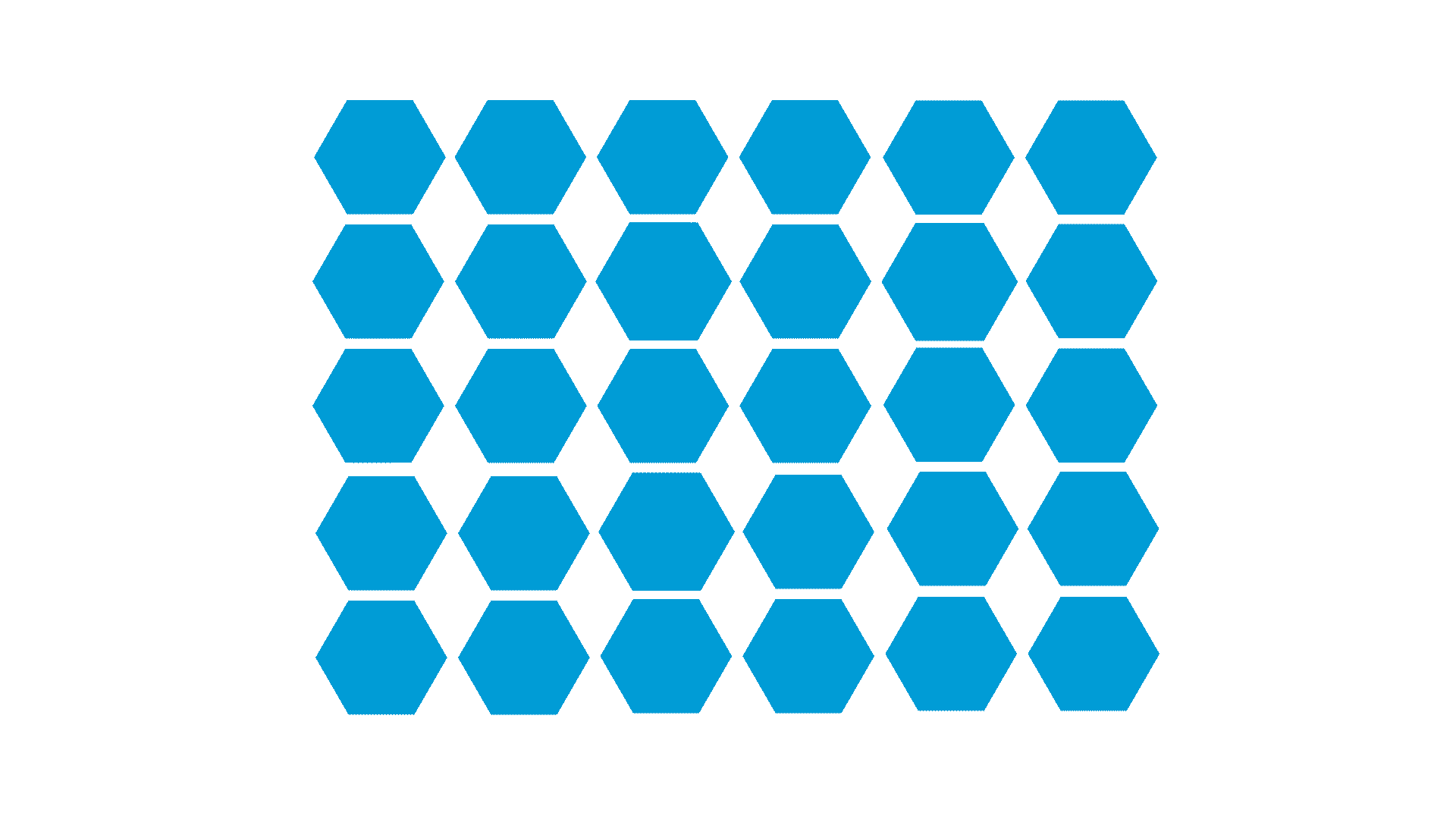 This animation transforms 30 blue hexagons aligned and in a tight group and divides this one group into 5 groups of varying numbers of blue hexagons.