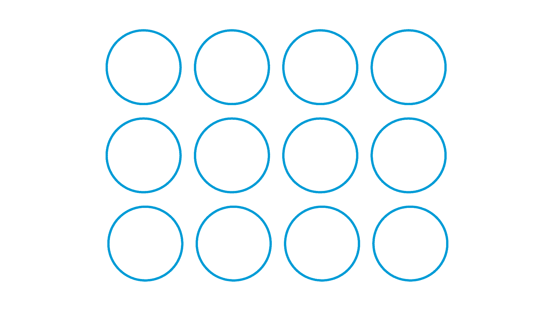 This animation transforms from 12 circles where blue and white circles are interspersed into all white circles, forming a composition of similar, white circles.