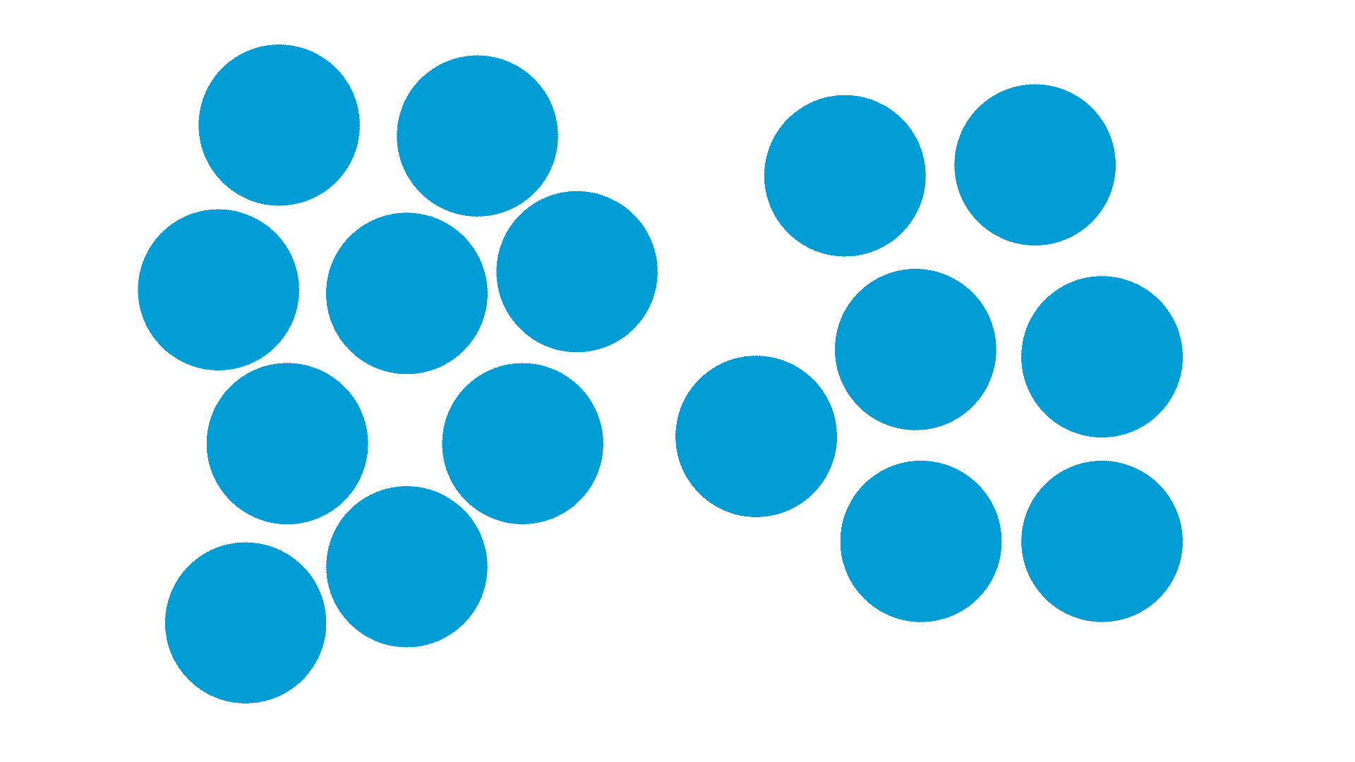 This animation shows the transformation of many different-sized and different-coloured circles to uniformly-sized, blue circles.