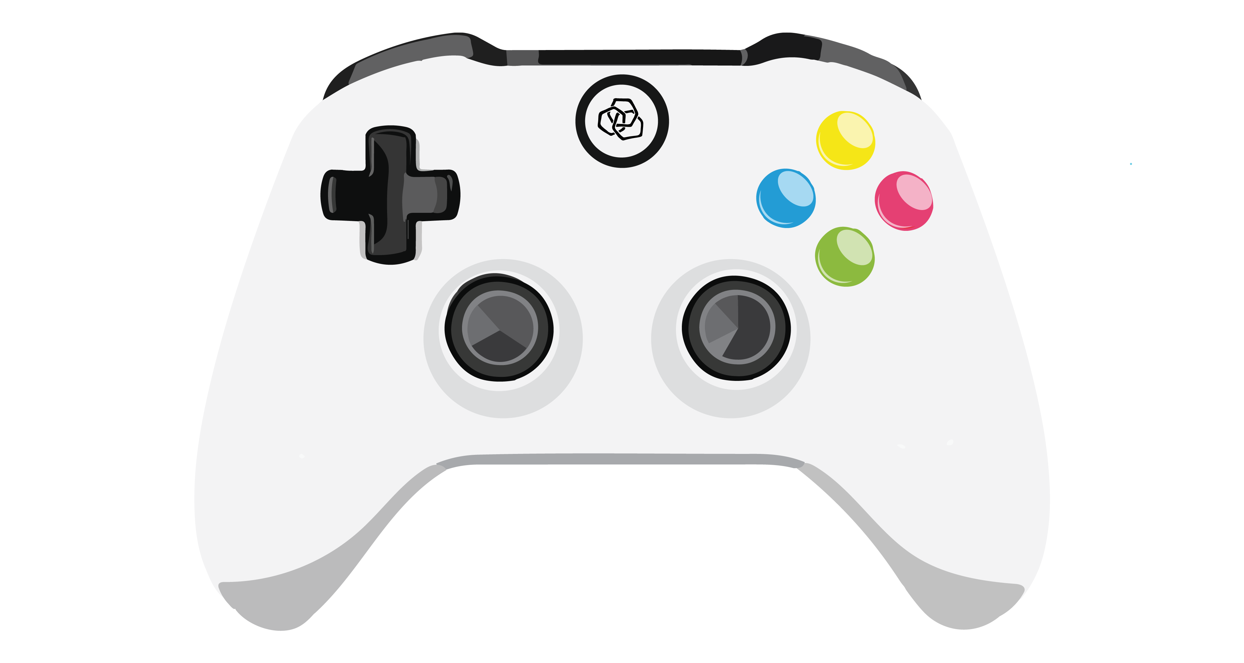 White, 2-handed game controller. In the centre is a white circular power button with a black circumference. On the top left is a black cross button, below it to its right is a circular black button, to its left is another black circular button, and above and to its right are 4 small coloured circular buttons arranged in a square: one blue, one green, one yellow, and one red.