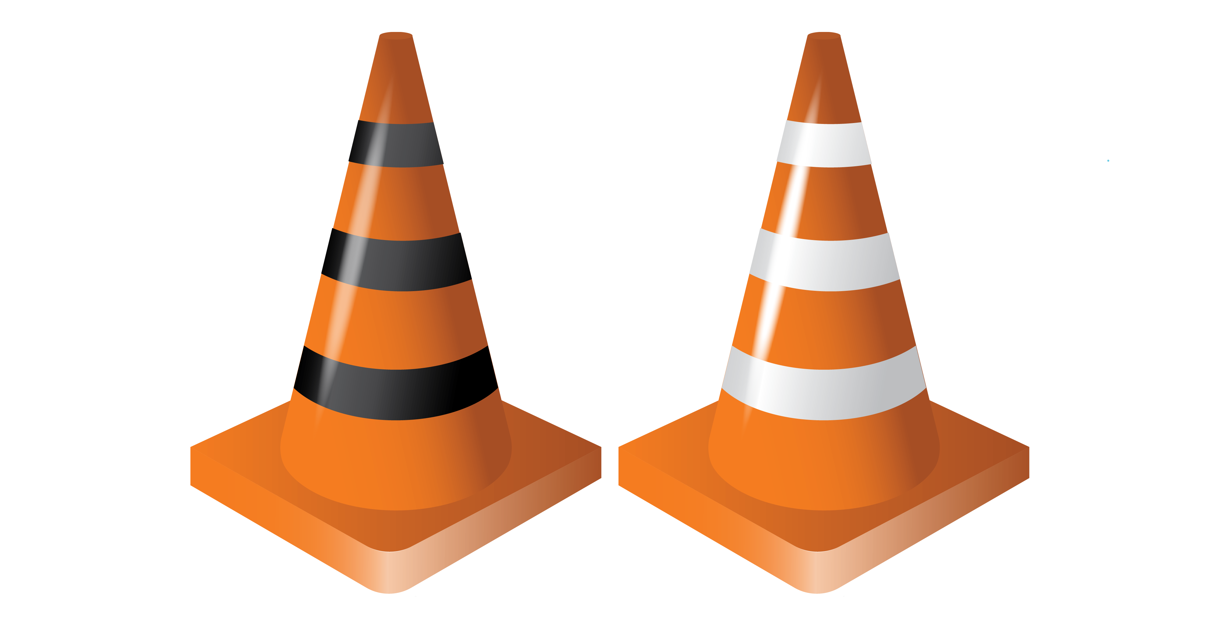 Two orange traffic cones beside each other. On the left, the cone is wrapped with black striped. On the right, it's wrapped with white stripes.
