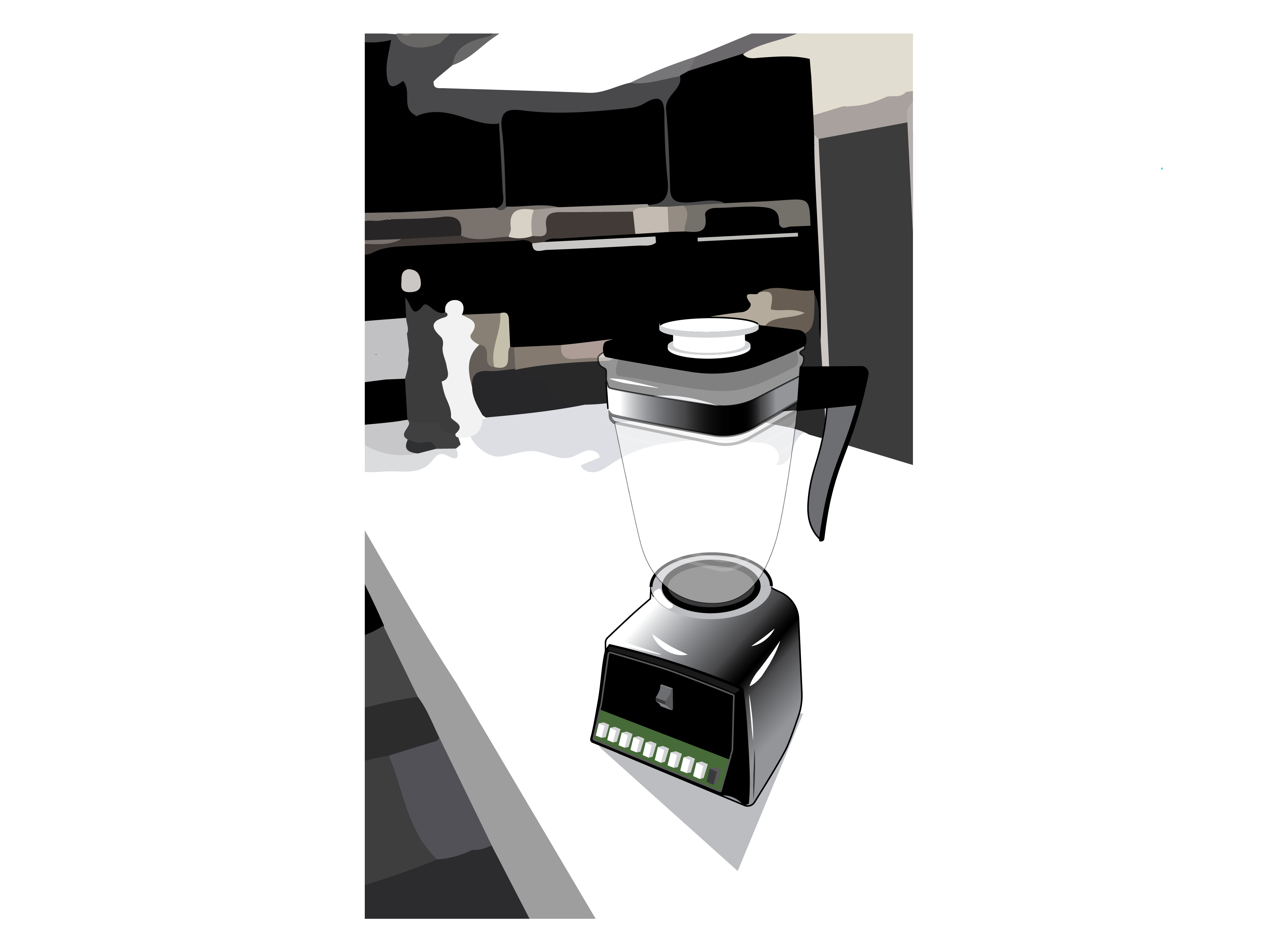 A blender sits on a kitchen counter. The blender is steel and black with a transparent container sitting on its base. The stand has a row of white buttons along its bottom edge. It sits on a white counter in a black and white kitchen.