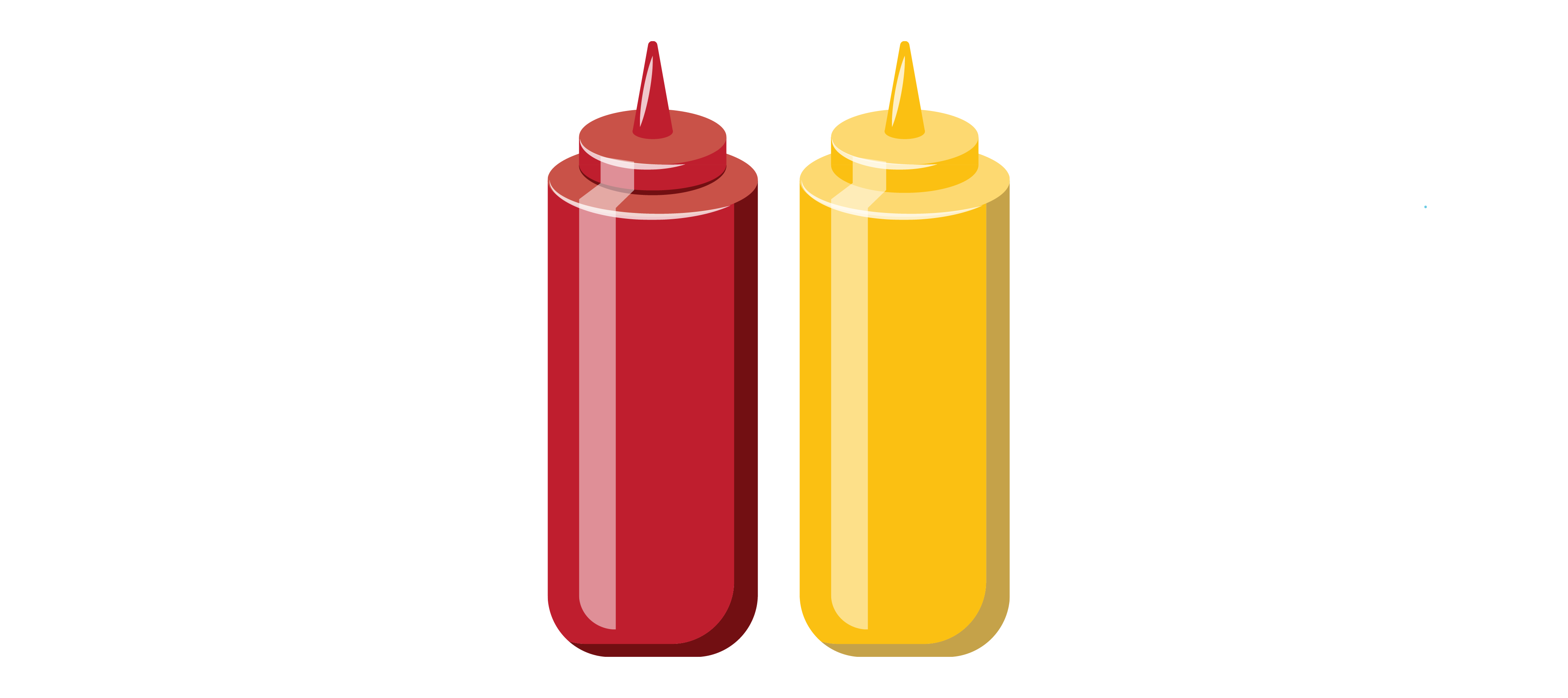 A red plastic condiment squeeze bottle stands beside a yellow plastic condiment squeeze bottle.