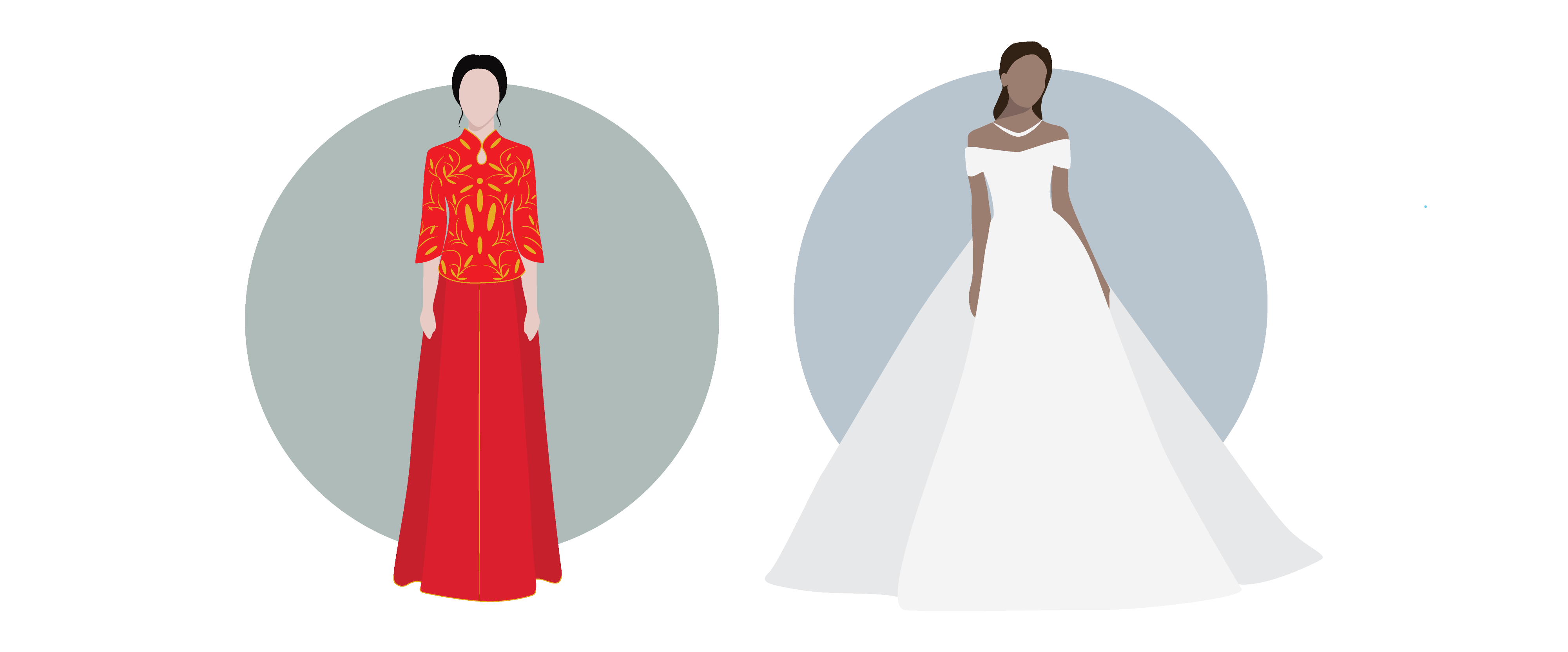 To the left is a person in a red wedding dress. To the right is a person in a white wedding dress.
