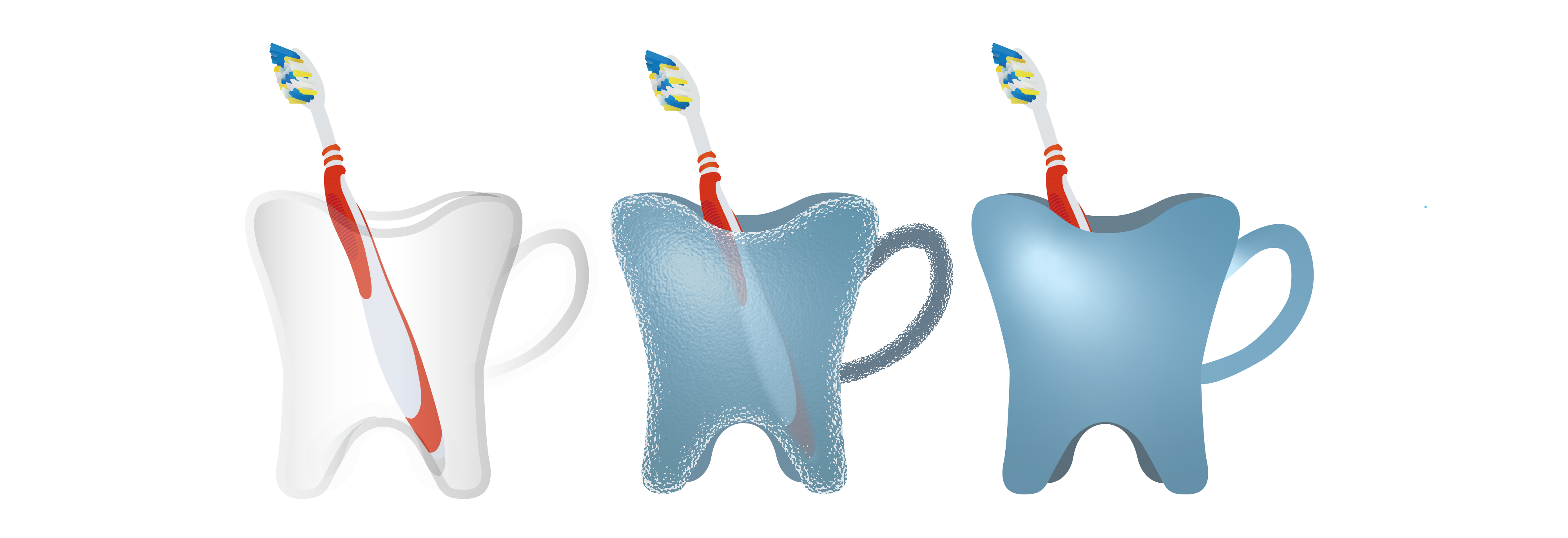 3 toothbrush holders, all shaped like a tooth, each hold a red toothbrush. The first holder is transparent and the toothbrush is completely visible through glass, the second one is translucent and the toothbrush is slightly less viable, and third one is opaque and the toothbrush inside is not visible.
