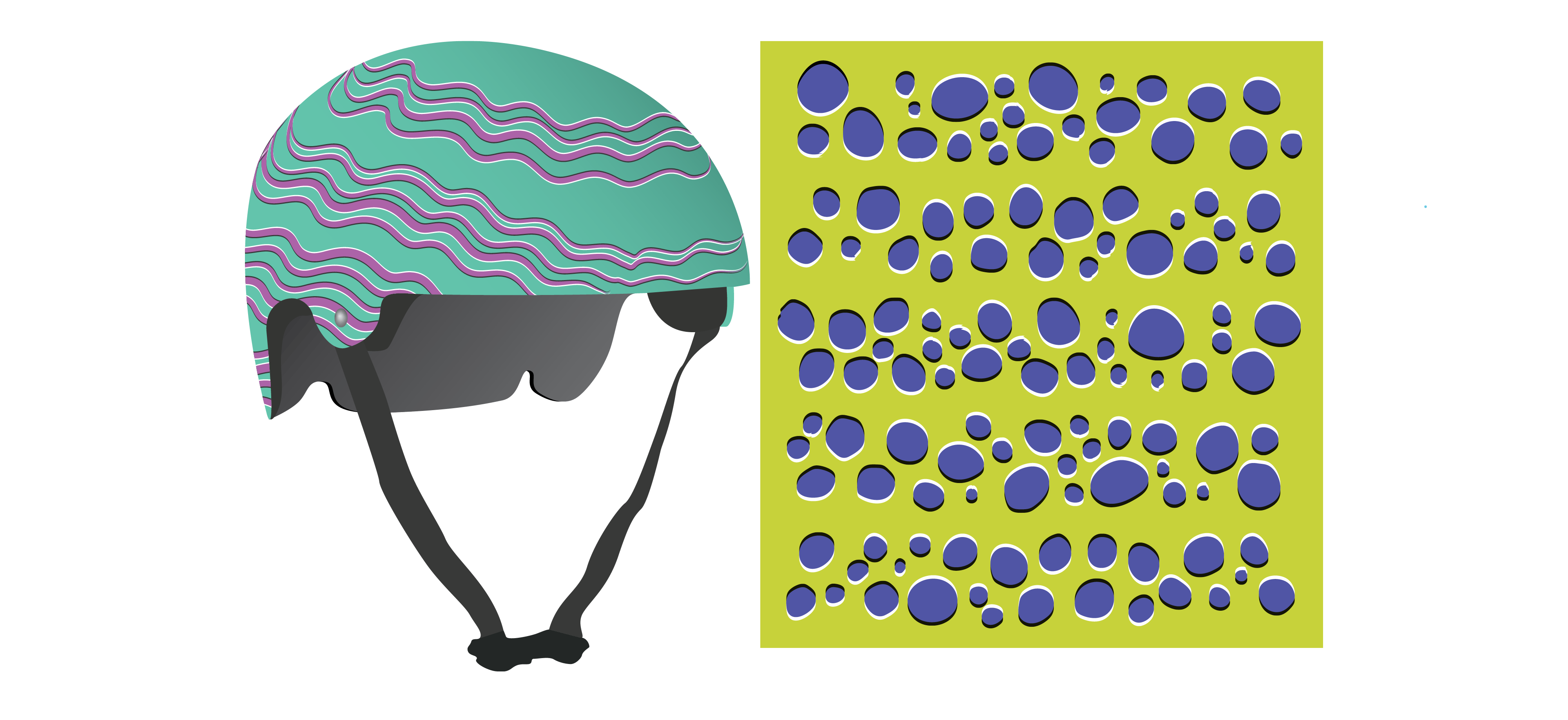 On the left is a turquoise bike helmet with randomly-spaced purple squiggly lines that follow the curved contour of the surface. On the right is a lime green square with blue ovals in different sizes scattered all over its surface.