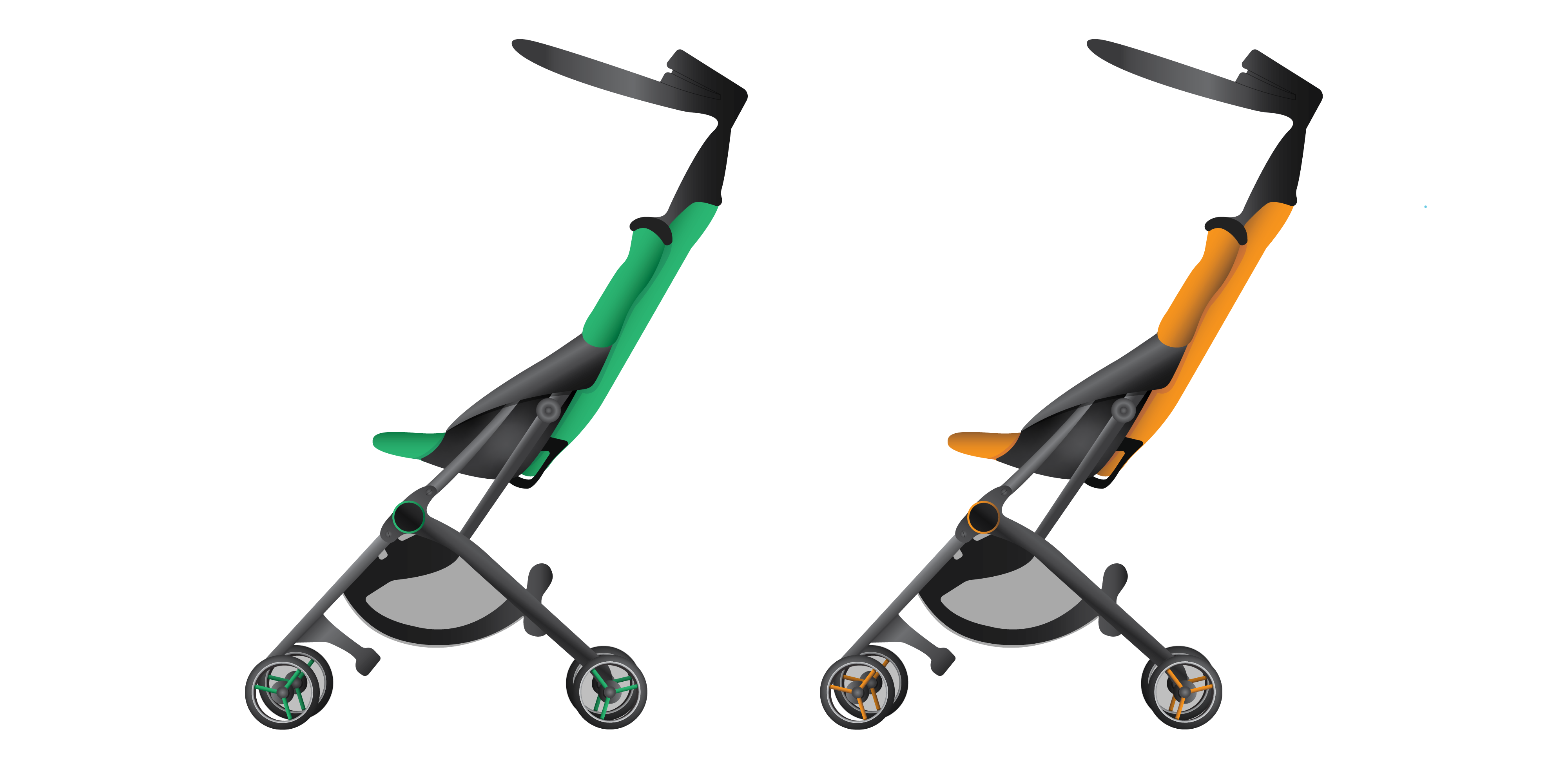 Two collapsible baby strollers. The stroller on the left has green colour accents and the one on the right has orange colour accents. Both have black and grey structural elements and wheels.