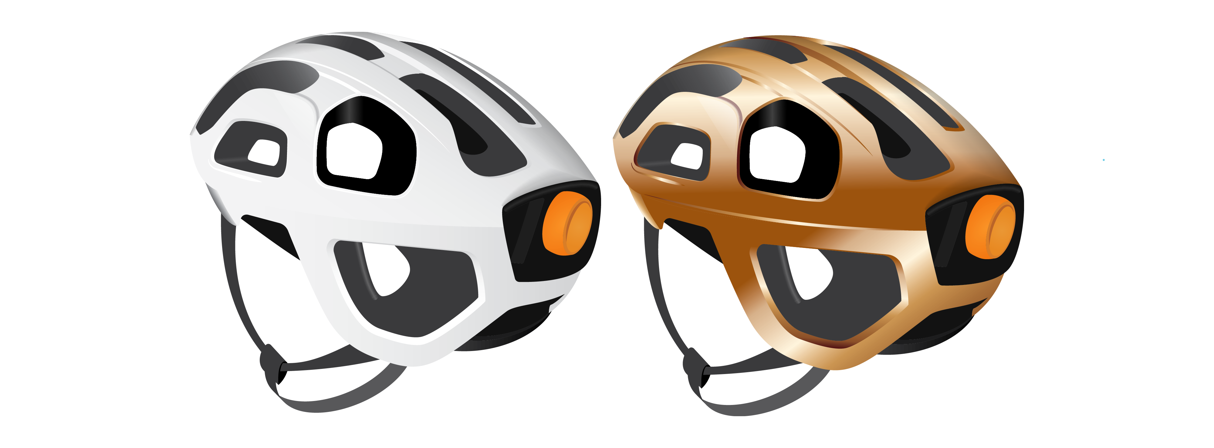 2 sports helmets. On the left, a white-coloured sports helmet. On the right, a metallic-coloured one. The holes on each helmet are lined by contrasting black material. The only colour on the helmets is an orange adjustable button on a black square at the back.