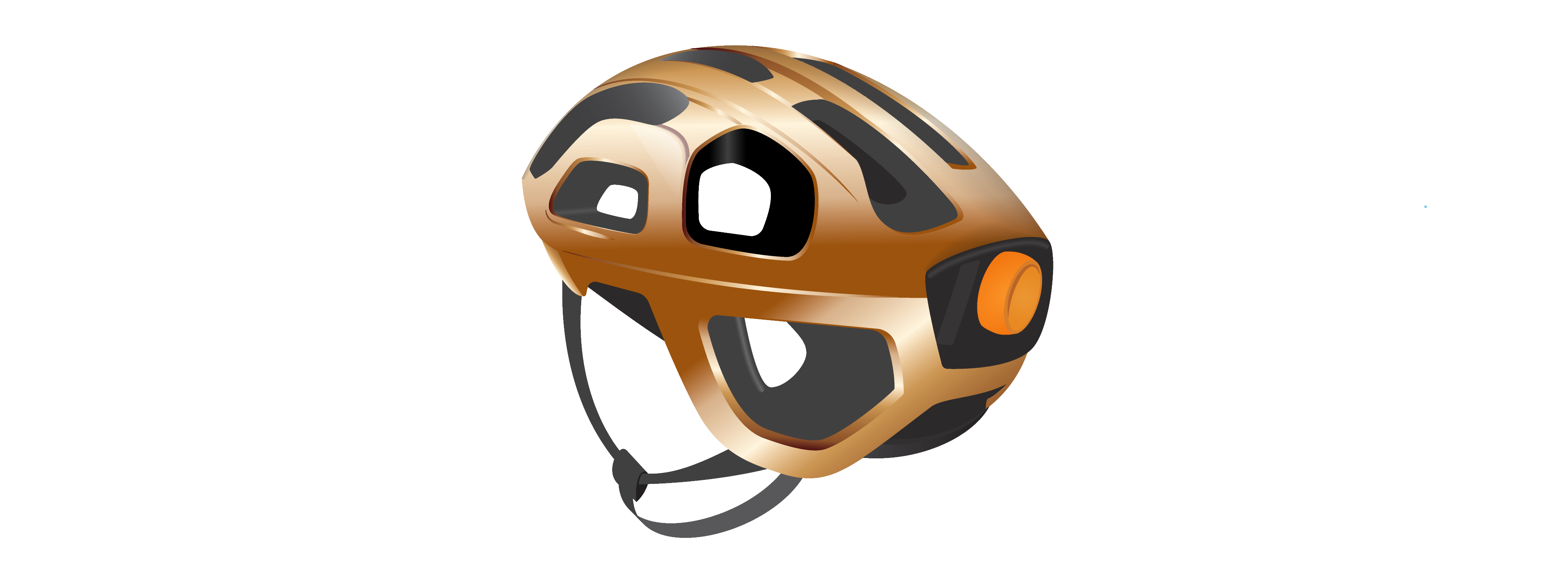 Metallic-coloured sports helmet with many holes. Each hole is lined by contrasting black material. The only bit of colour is an orange adjustable button on a black square at the back of the helmet.