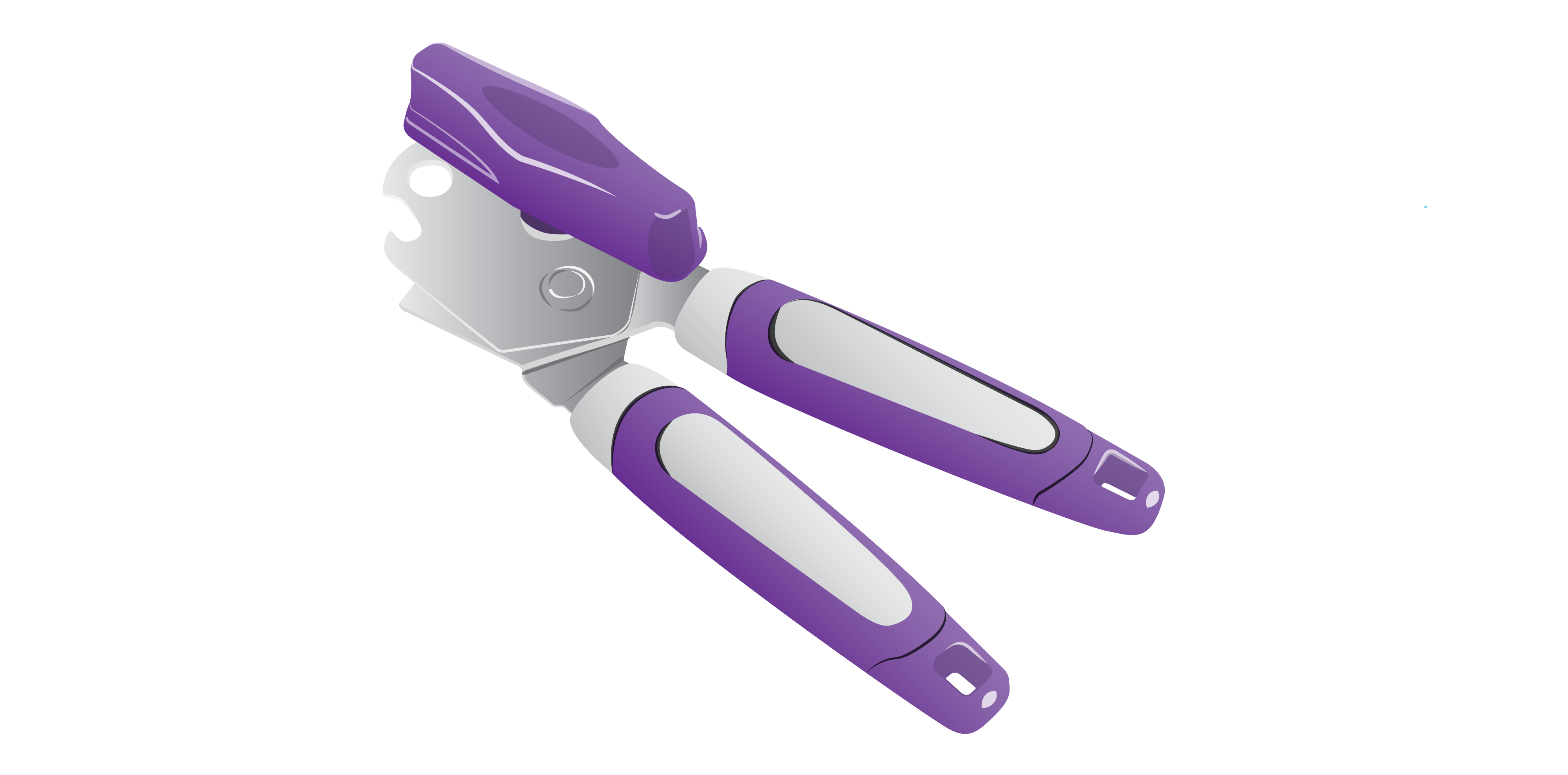 A manual can opener with metal blades and a shiny purple knob that turns and red handles that have white surface areas. The can opener is positioned like a pair of scissors, the handles are far apart in a V shape.