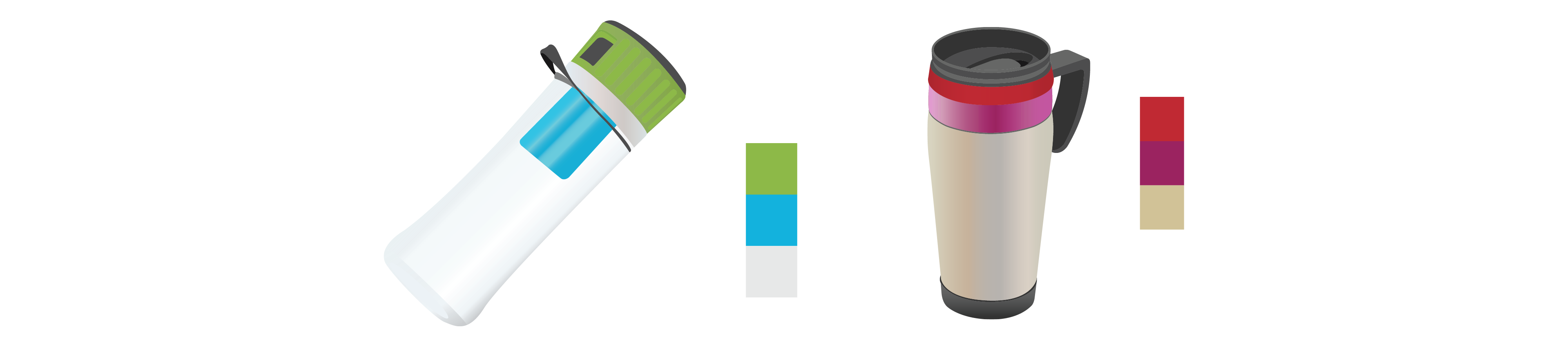 On the left, a transparent water bottle with a green lid and a blue filter inside the bottle. Beside the water bottle, there is a green, blue and white hexagon representing a cool colour scheme. On the right, there is a metal drinking thermos with a red strip on top of a purple strip as detailing. Beside the thermos there is a red, purple and silver hexagon representing a warm colour scheme.