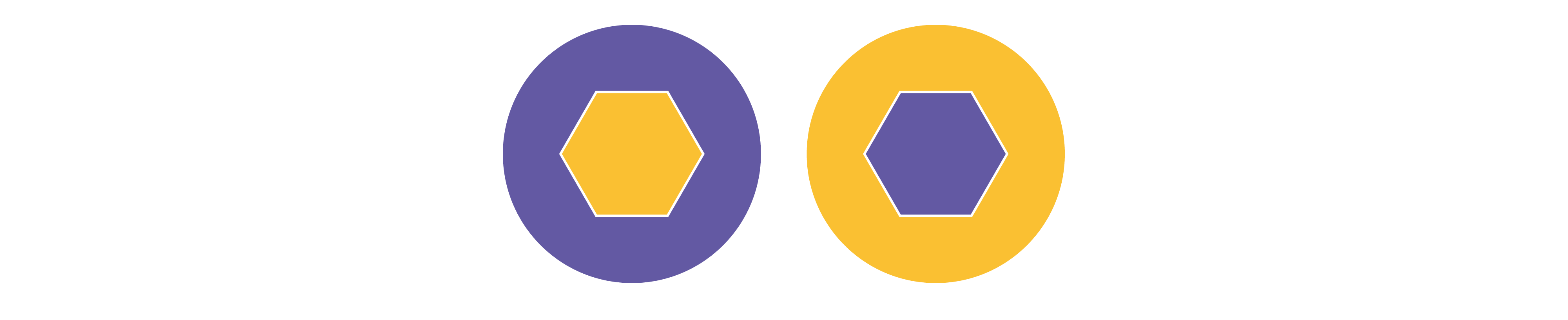 On the left is a purple circle with a yellow hexagon in the middle. On the right is a yellow circle with a purple hexagon in the middle. Both hexagons are the same size, but the yellow one looks larger than the purple one.