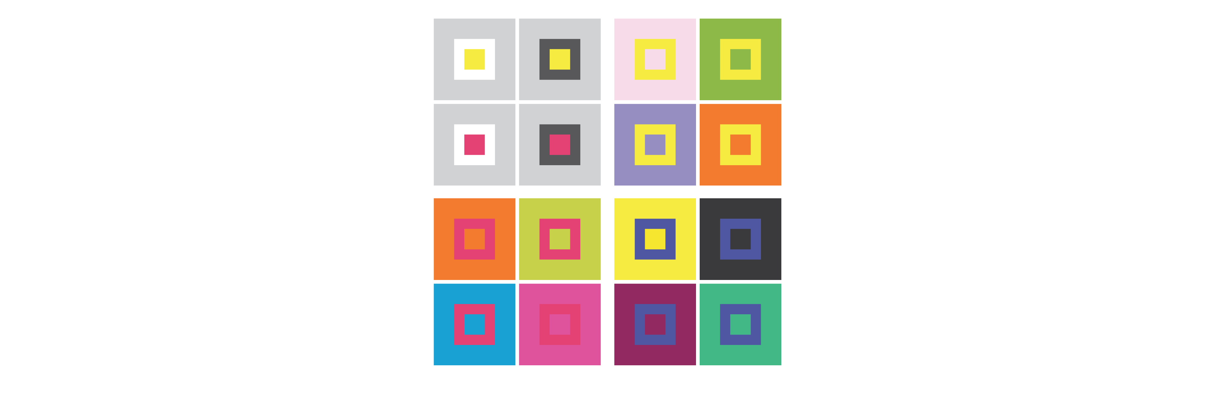 4 sections with 4 squares in each section make up one larger square. Each section shows a different example of colour combinations that create Zing. All four squares in the top left section are light grey. The top left square has a smaller white square in the centre, with a smaller yellow square in its centre. The top right square has a smaller black square in the centre, with a smaller yellow square in its centre. The bottom left square has a smaller white square in the centre, with a smaller pink square in its centre. The bottom right square has a smaller black square in the centre, with a smaller pink square in its centre. All squares in the top right section are different colours. The top left square is light pink and has a smaller yellow square in the centre, with a smaller light pink square in its centre. The top right square is green and has a smaller yellow square in the centre, with a smaller green square in its centre. The bottom left square is purple and has a smaller yellow square in the centre, with a smaller purple square in its centre. The bottom right square is orange and has a smaller yellow square in the centre, with a smaller orange square in its centre. All squares in the bottom left section are different colours. The top left square is orange and has a smaller dark pink square in the centre, with a smaller orange square in its centre. The top right square is lime green and has a smaller dark pink square in the centre, with a smaller lime green square in its centre. The bottom left square is blue and has a smaller dark pink square in the centre, with a smaller blue square in its centre. The bottom right square is hot pink and has a smaller dark pink square in the centre, with a smaller hot pink square in its centre. All squares in the bottom right section are different colours. The top left square is yellow and has a smaller purple square in the centre, with a smaller yellow square in its centre. The top right square is black and has a smaller purple square in the centre, with a smaller black square in its centre. The bottom left square is burgundy and has a smaller purple square in the centre, with a burgundy square in its centre. The bottom right square is turquoise and has a smaller purple square in the centre, with a smaller turquoise square in its centre.