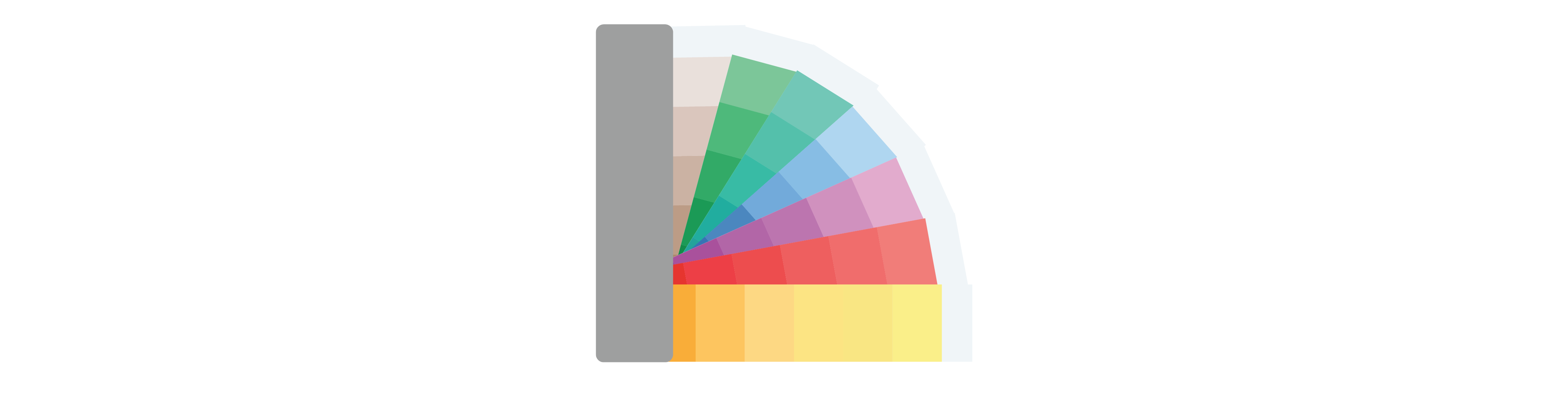 A colour swatch book with 7 paint swatches being fanned out from a grey strip. Top swatch is pink, followed by green, followed by turquoise, followed by blue, followed by purple, followed by red, followed by yellow. Each swatch starts with a lighter tone on top and gradually becomes darker over 4-6 rows.