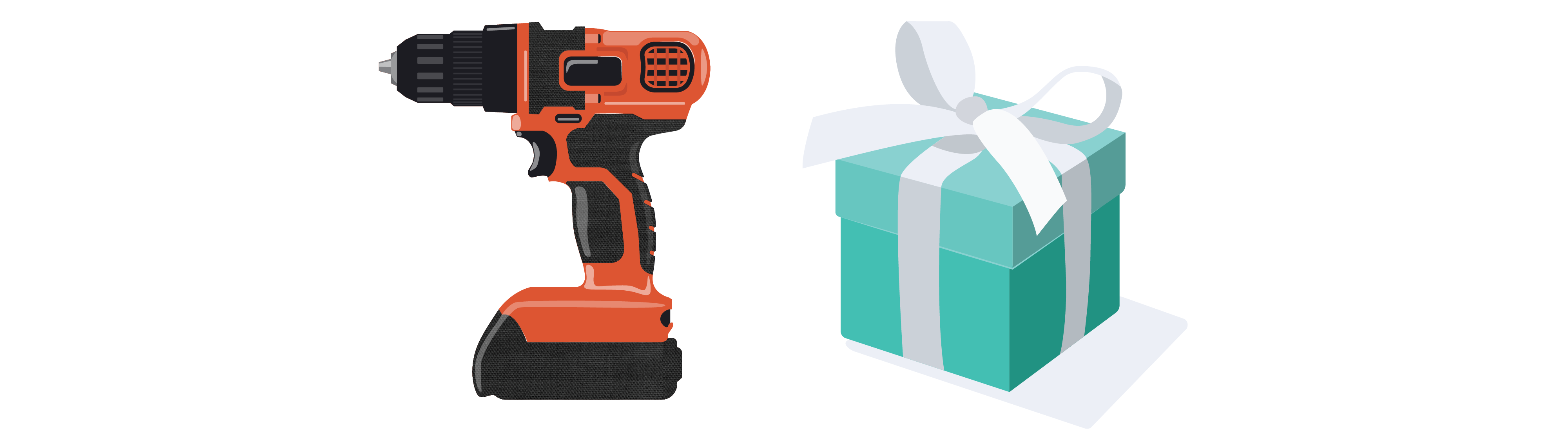 On the left, an orange and black standing battery-powered hand drill. On the right, a gift box wrapped with turquoise paper and a bow.