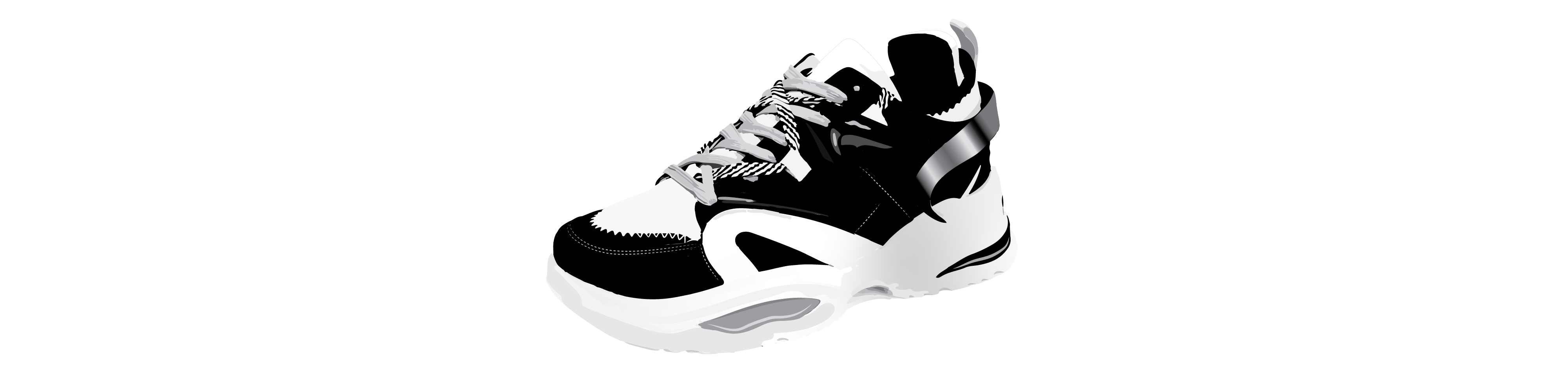 Running shoe with black and white detailing and grey shoelaces.