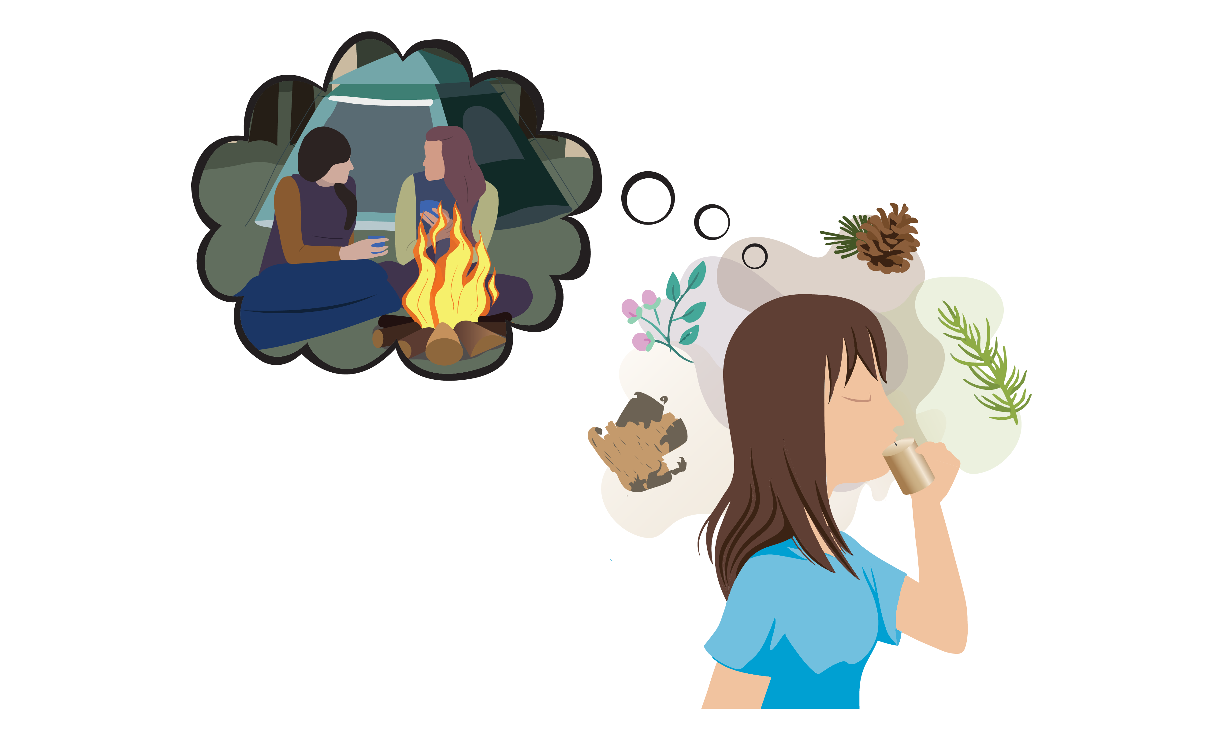 A person in a blue shirt smells a candle. Icons of branches, flowers, a pinecone, and wood surround her head. A thought bubble shows two people sitting in front of campfire and a tent, drinking from cups.