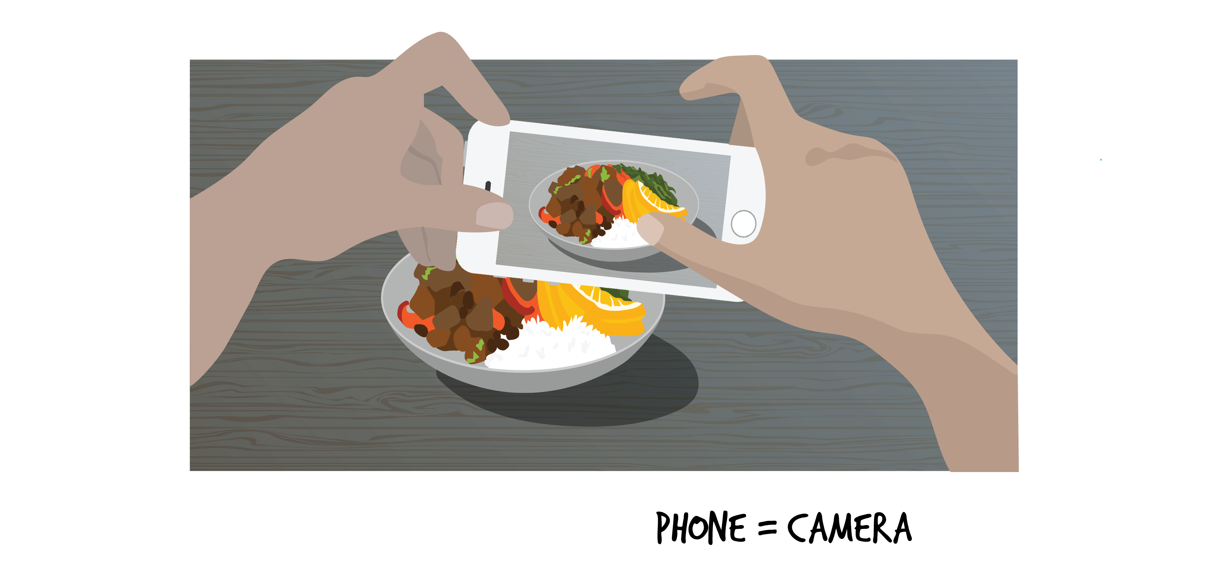 A grey bowl with a rice dish inside sits on a table. A person is taking a photo of the food with a white smart phone.