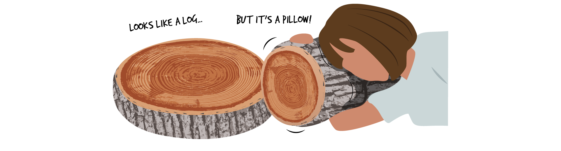 On the left is the top of a tree log. On the right, a person in grey shirt lies their head on the side of a cylindrical pillow in the shape of a log. The text reads: Looks like a log... but it&#039;s a pillow!