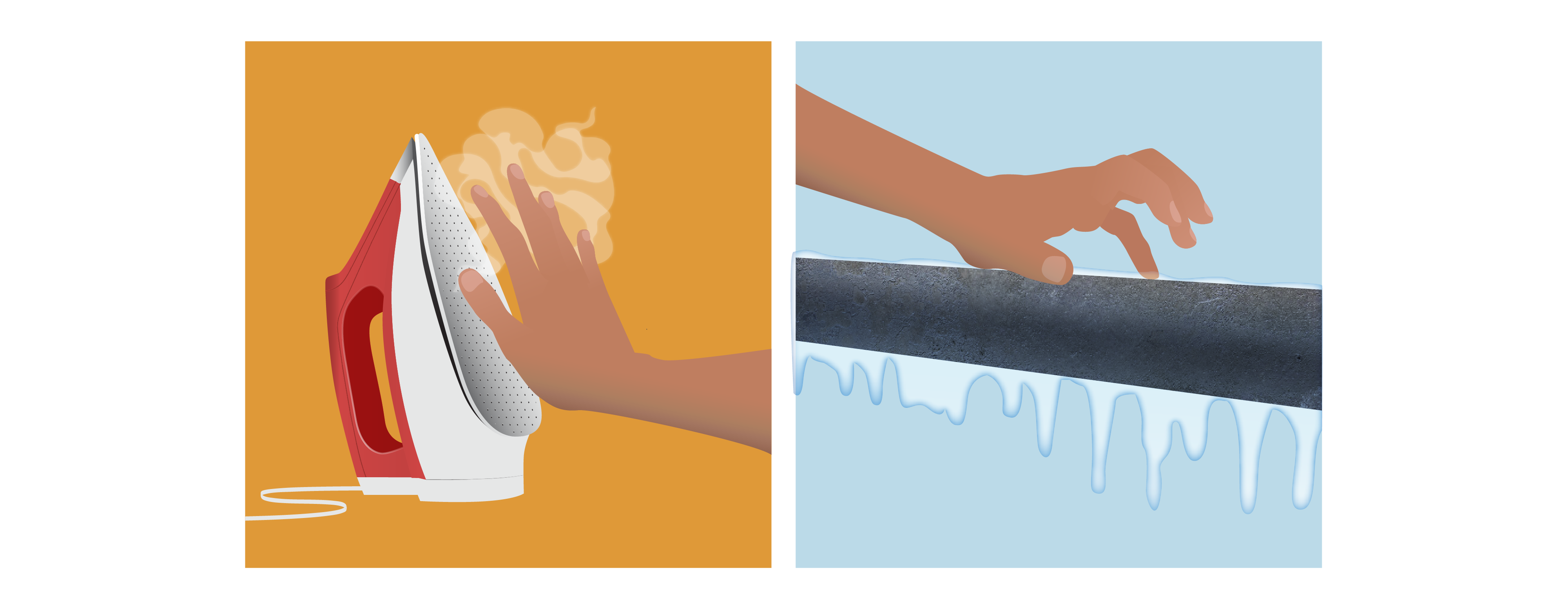 Left: a red clothing iron emits steam in front of an orange background. A hand approaches the hot iron. A red exclamation mark hovers over the hand. Right: a metal railing with icicles is in front of a blue background. A hand approaches the railing. A blue exclamation mark hovers over the hand.