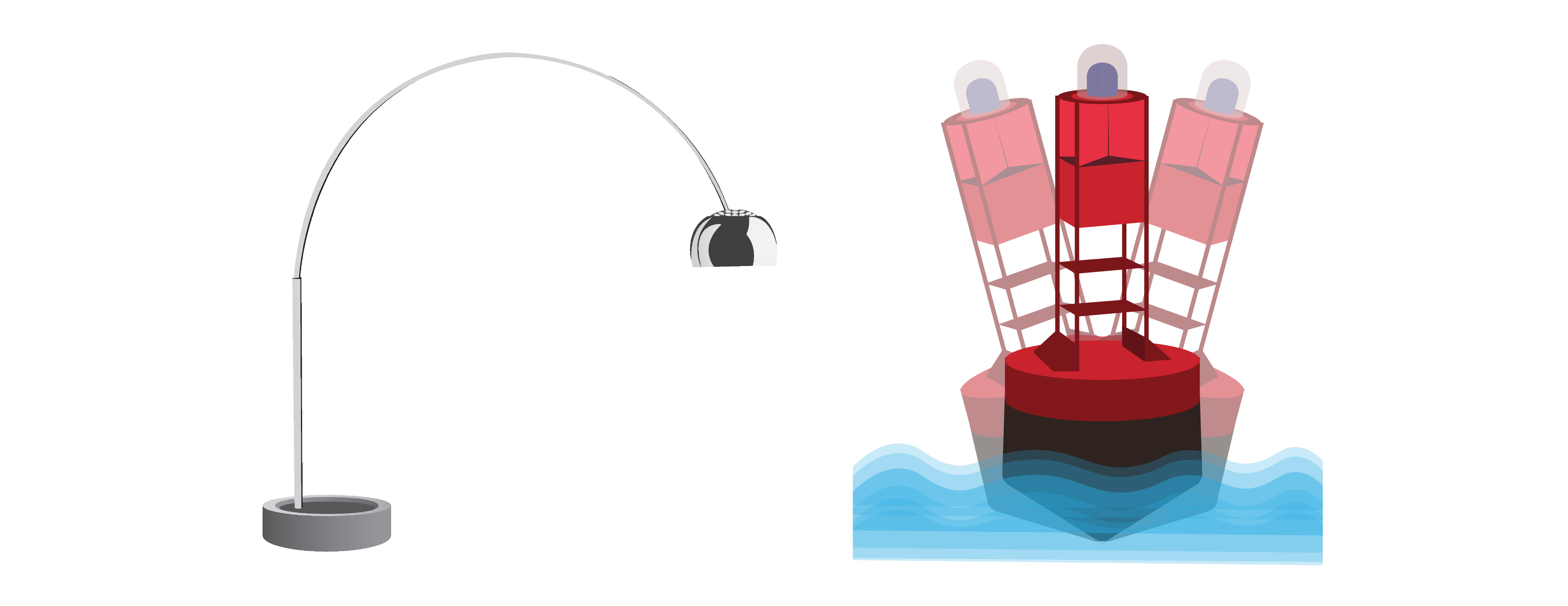 On the left, a tall silver floor lamp with a long, curved light. On the right, a red buoy floats in the water.