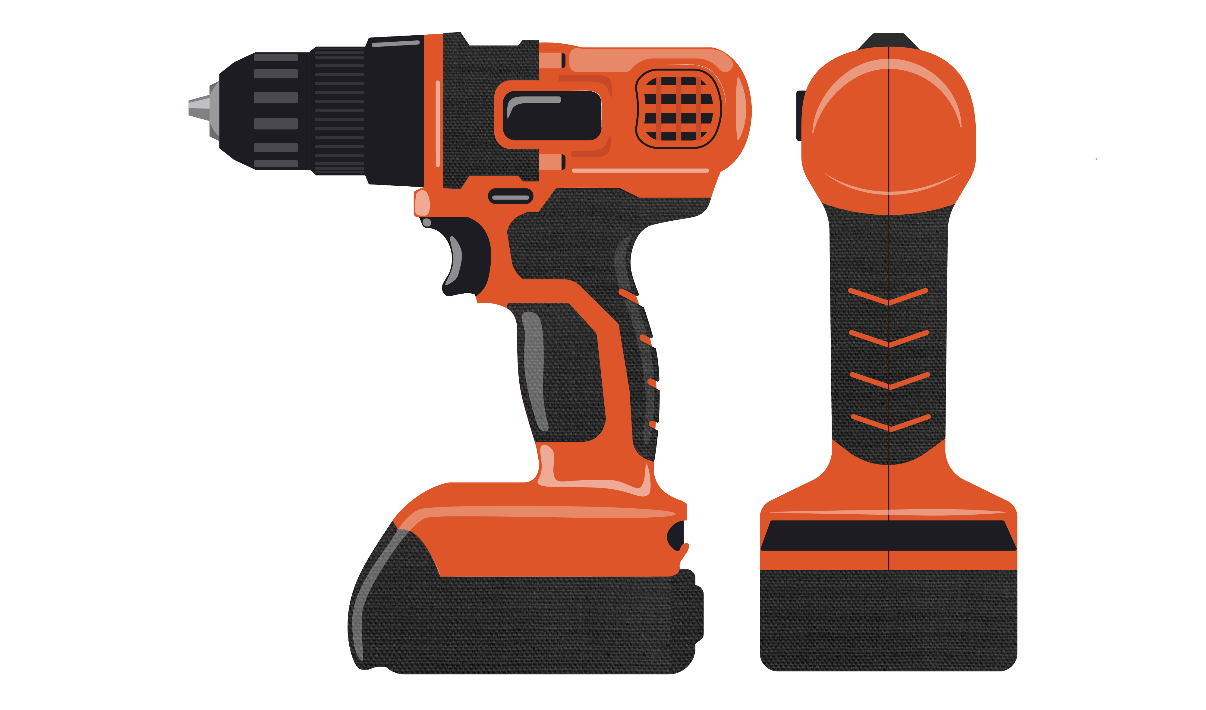 On the left, a side view of an orange and black drill with various textured interaction points. On the right, a back view of the drill to show the parting line.