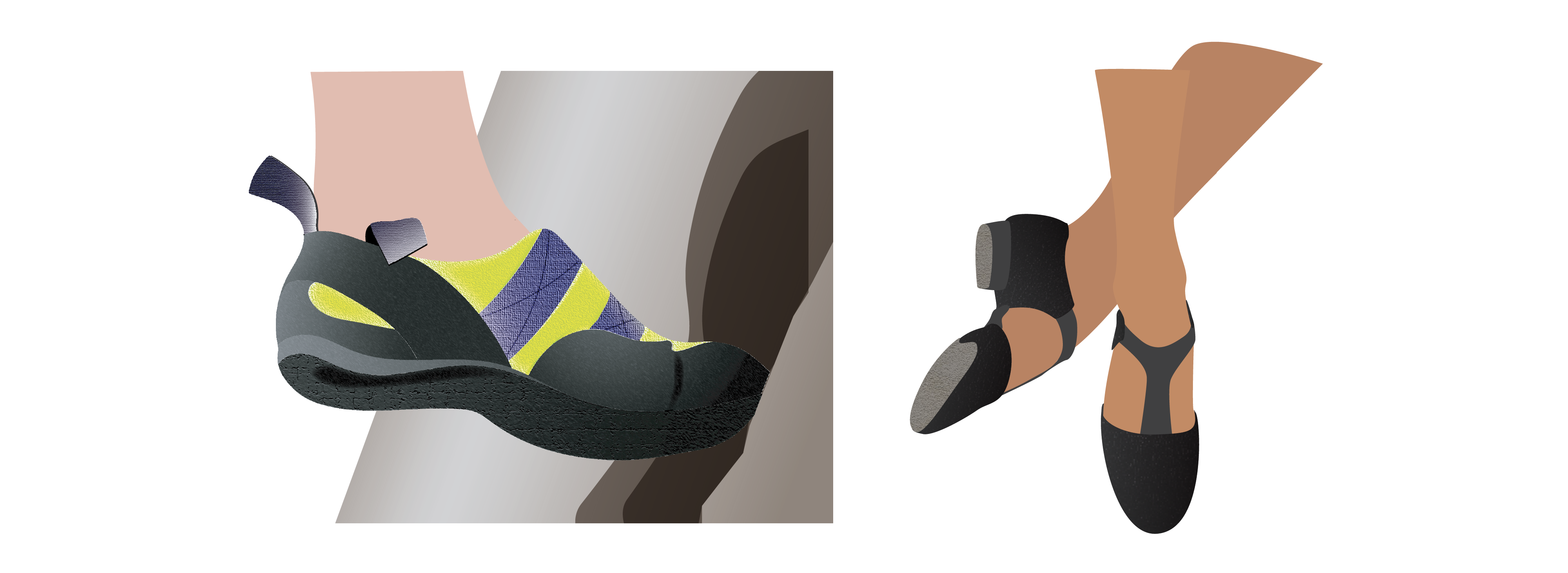 On the left, a foot with a climbing show hooks into a divet in the wall. On the right, a pair of feet with black tap shoes.