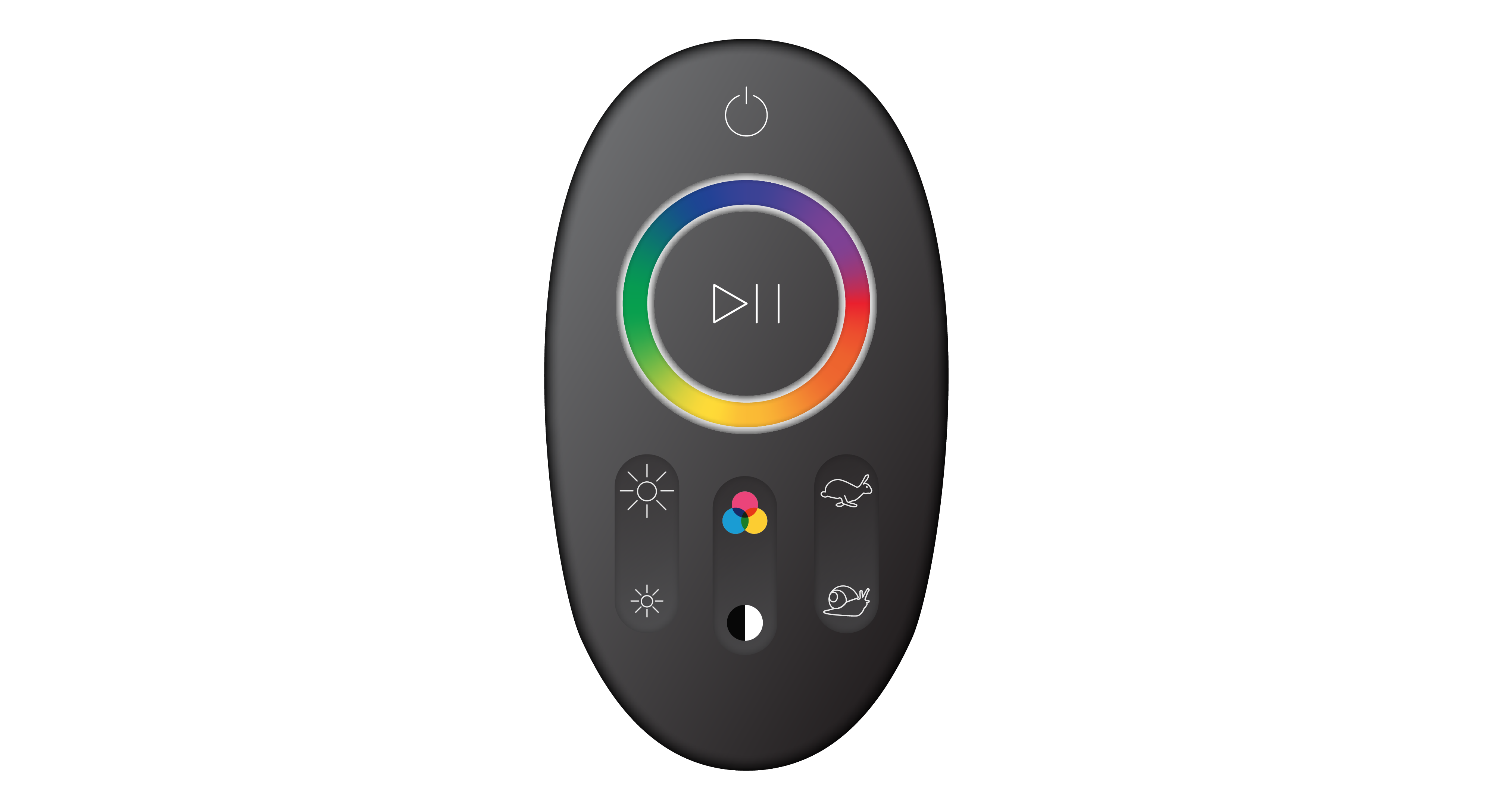 A remote with various stickers and buttons.