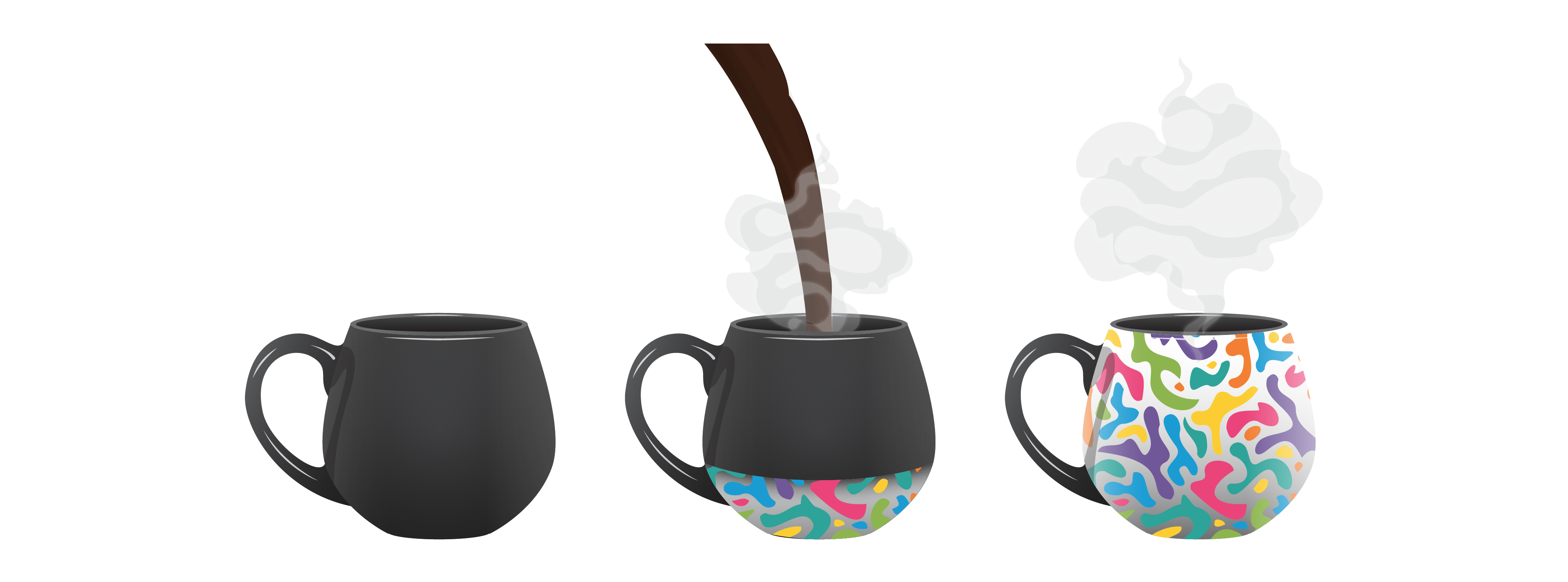 A heat-sensitive responsive skin is shown on a mug. In the first scenario, the mug is black and empty. In the second scenario, the mug is being filled with a hot liquid. As it fills, the mug changes from black to a colourful pattern. In the third scenario, the mug is full with steam being emitted from it. It is fully covered with the pattern now.