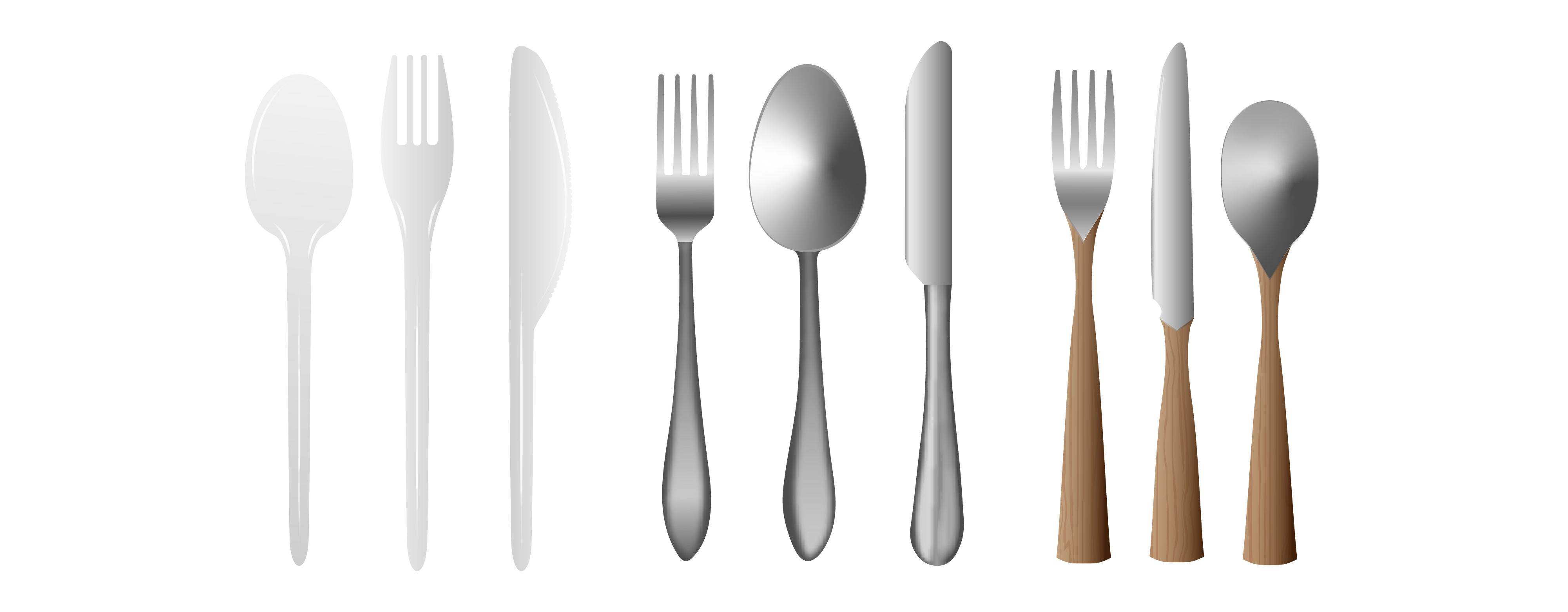 3 sets of cutlery with a spoon, fork, and knife each. First three are white, shiny, and made of plastic. The second set have rounded metal handles and metal features. Third has metal functional ends and matching wooden handles.