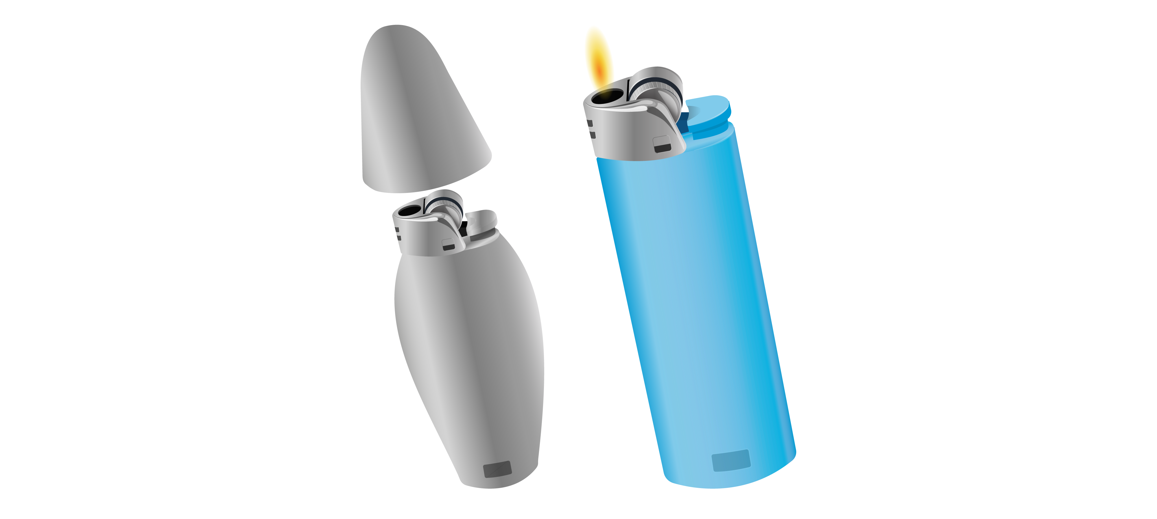 2 lighters side by side with lids slightly off. One on left has curvilinear form with bullet shaped top. The one on the right is a blue plastic cylinder with an oval cross-section and straight lined edges.