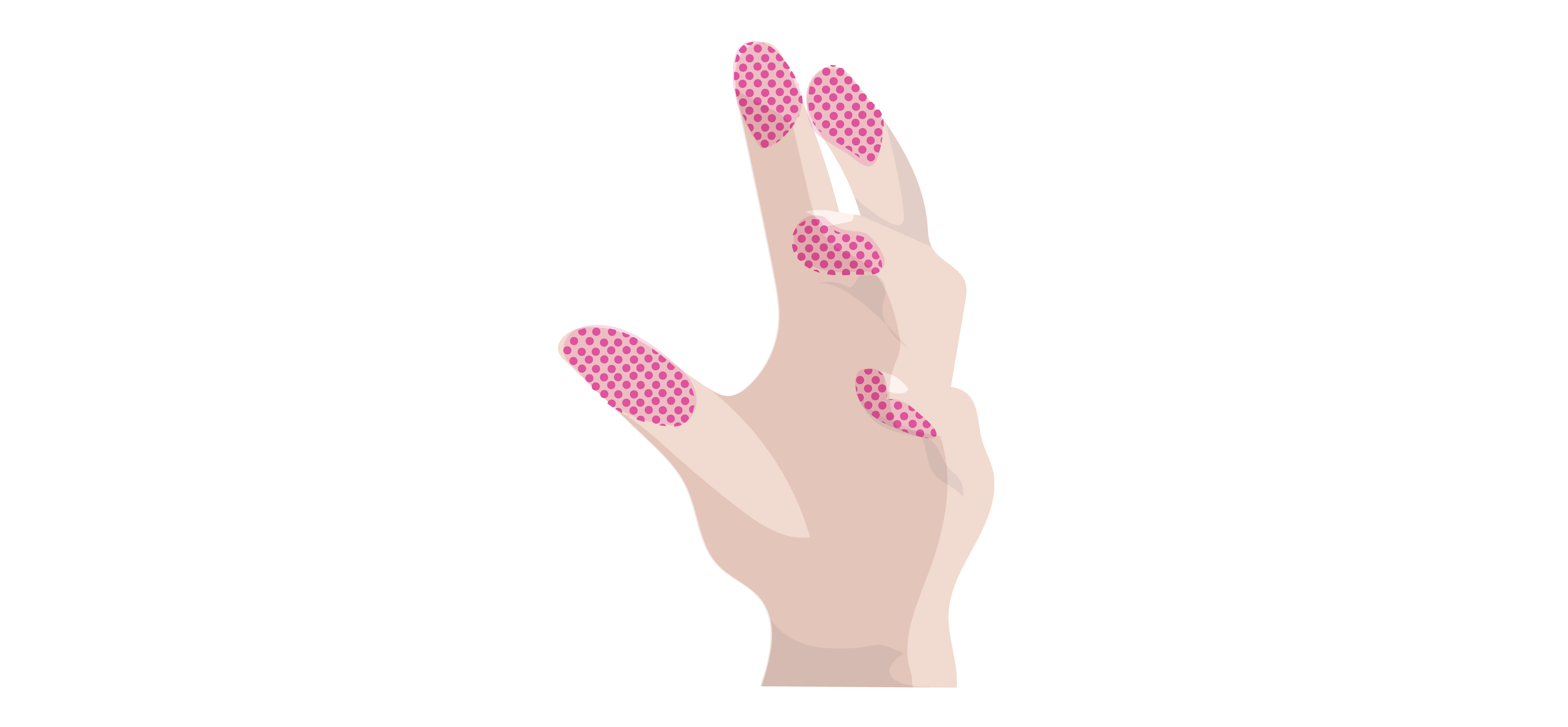 Left hand with fingertips highlighted in pink to show mechanoreceptors.