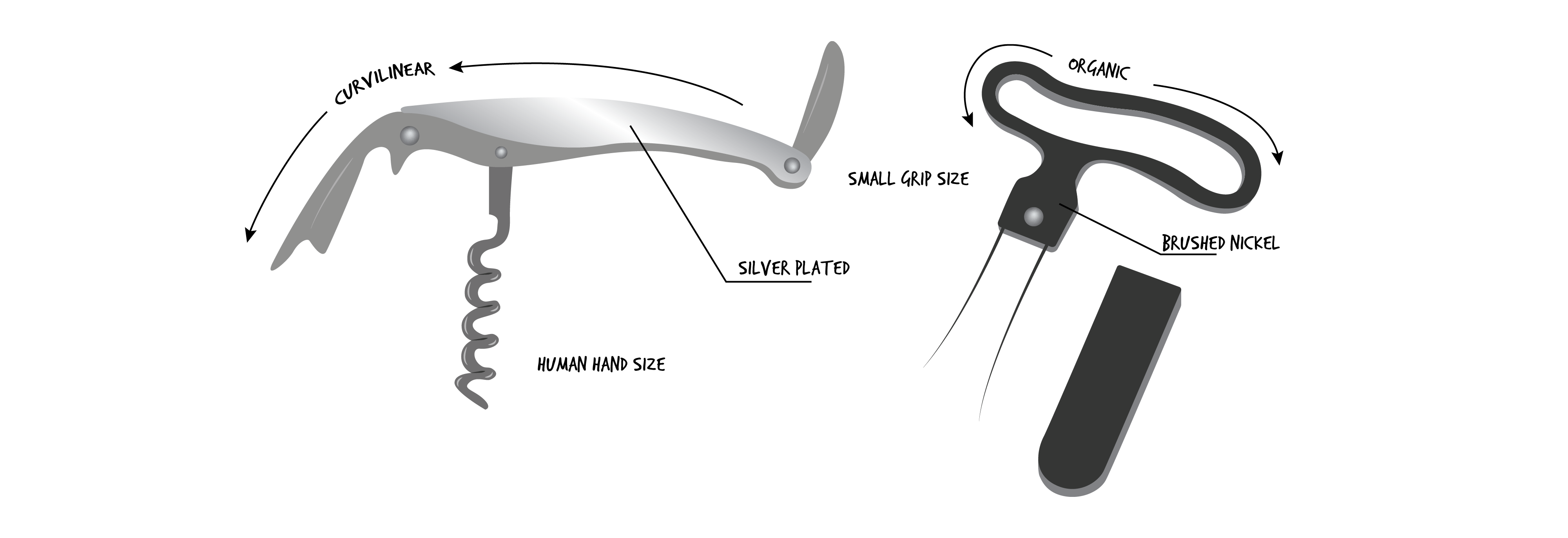 Two wine bottle openers. On the left: a silver cured opener. Text: Curvilinear, silver plated, hand hand size. On the right, a black, circular opener. Text: organic, small grip size, brushed nickel.