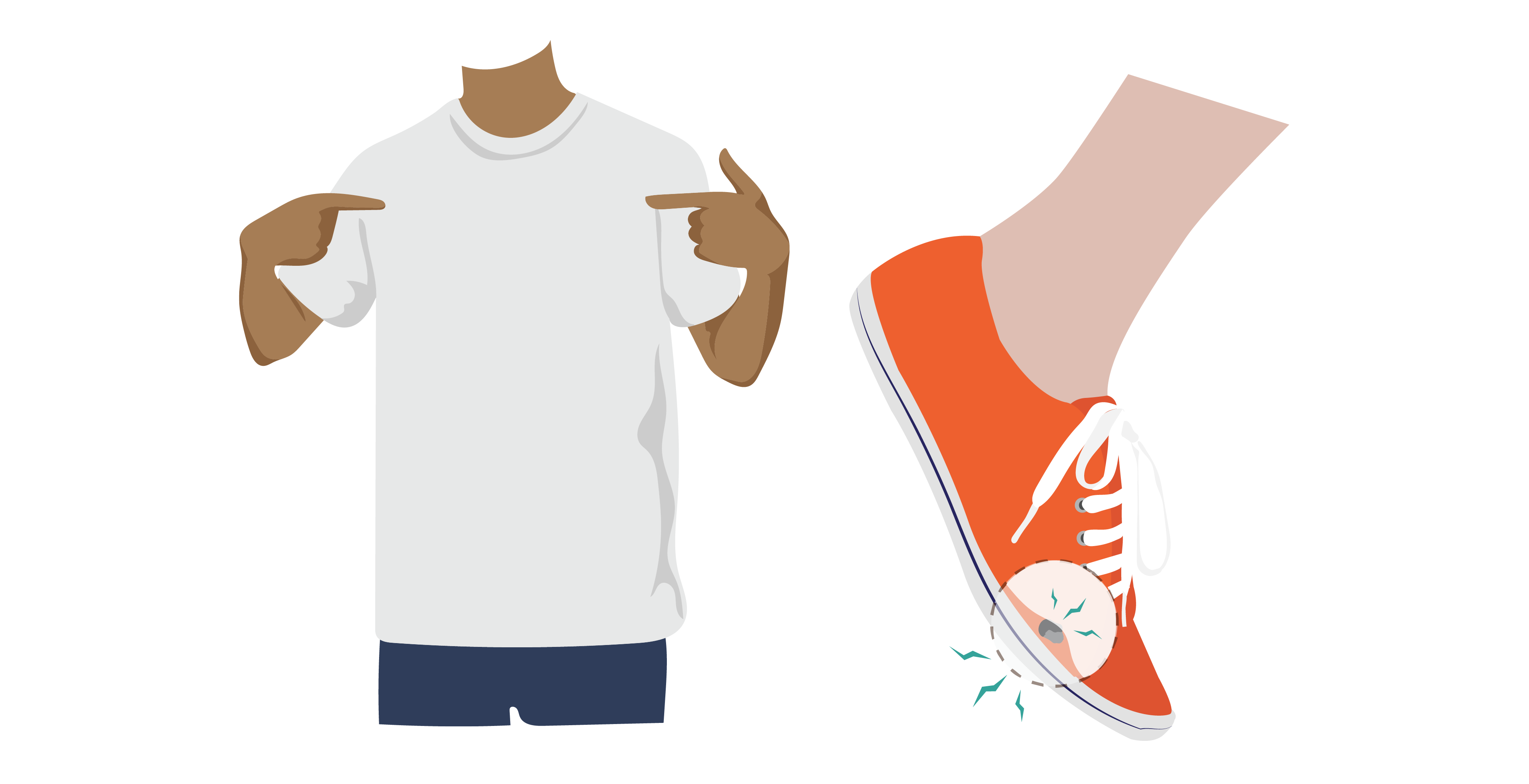 On the left, a person in a white t-shirt points at their shirt to show passive touch. On the right, a closeup of a foot walking with an orange sneaker. Around the toes is a callout with an x-ray view of the inside of the shoe, showing a rock inside.