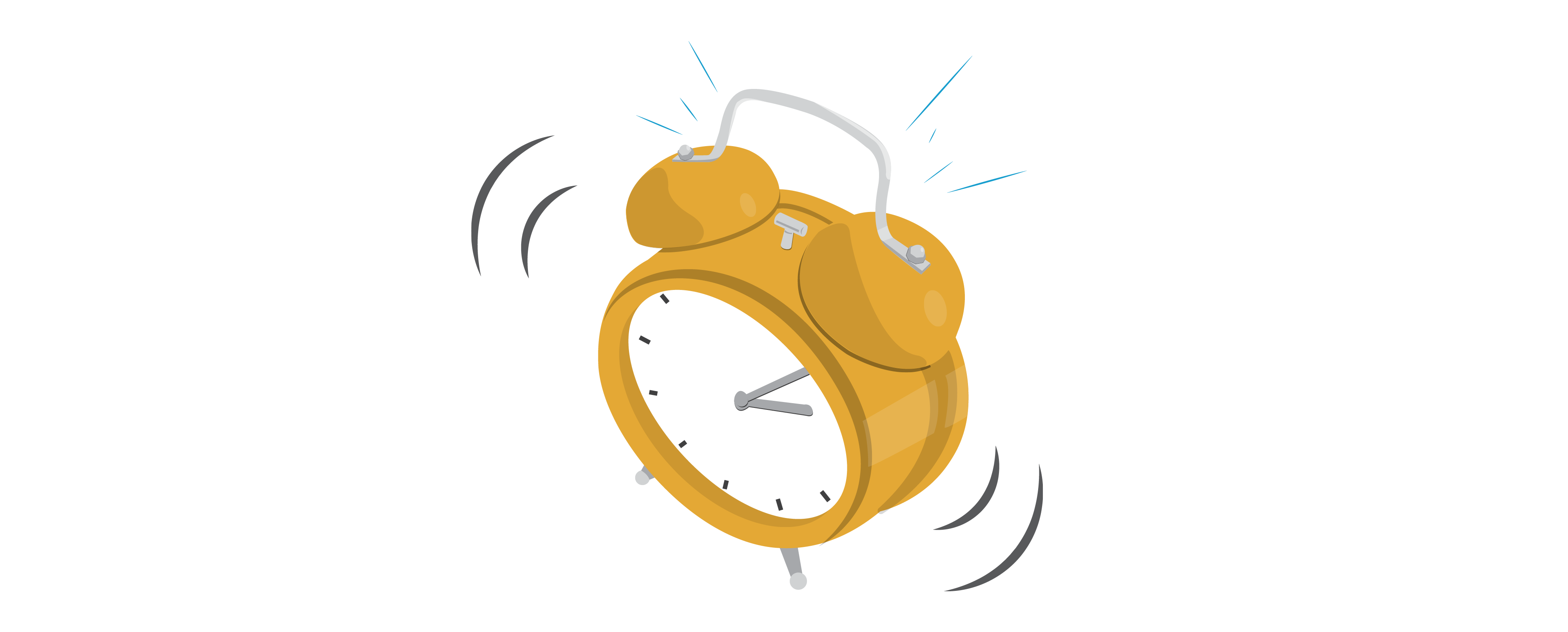 Yellow alarm clock with lines around it, showing sound being emitted from the clock.