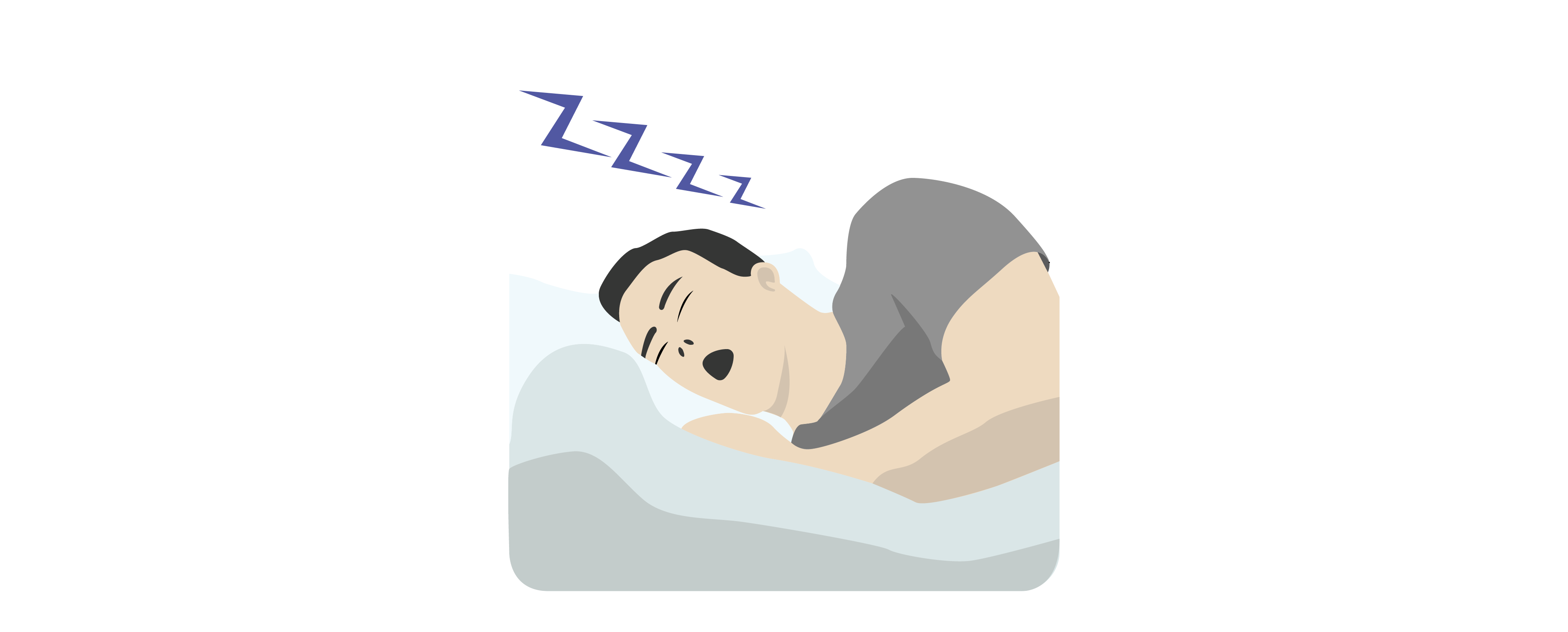 Person in grey shirt sleeps in bed. Zzzz above the person’s head.