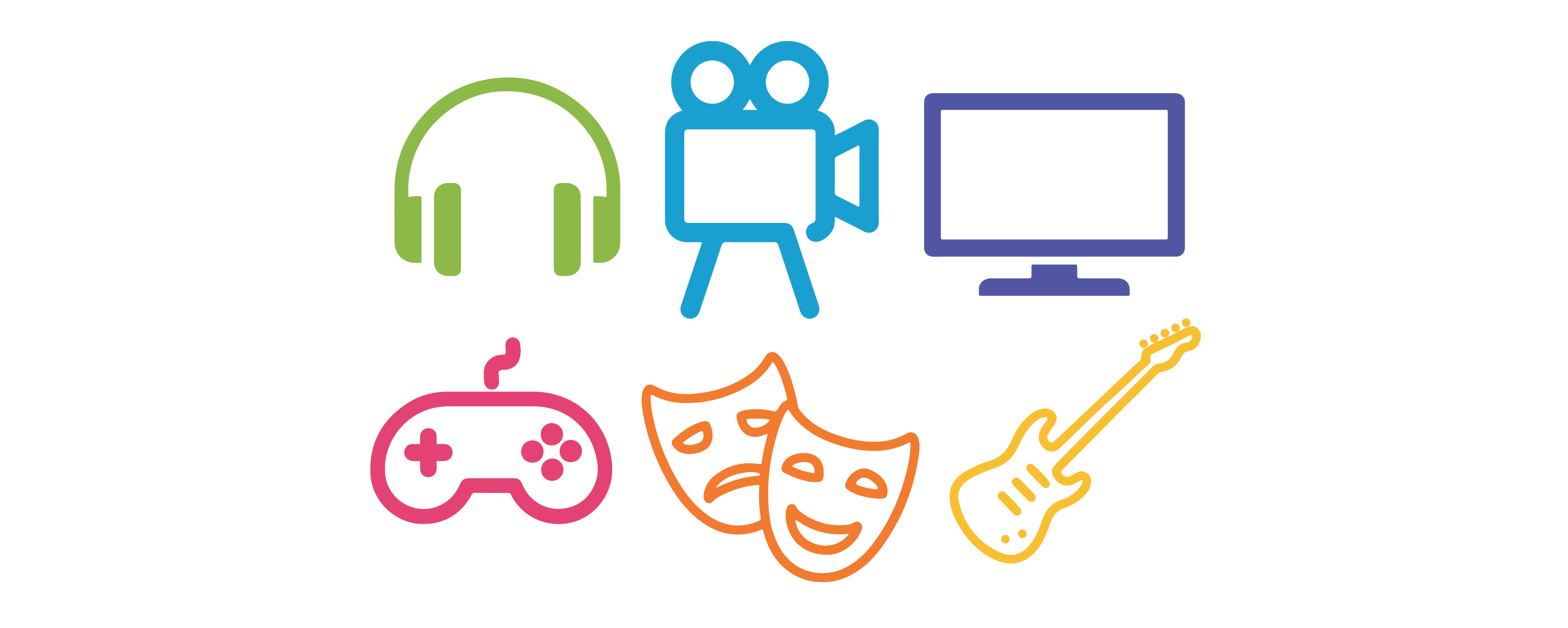 Green headphone icon, blue video camera icon, purple computer icon, pink video game controller icon, orange play mask icon, yellow guitar icon.