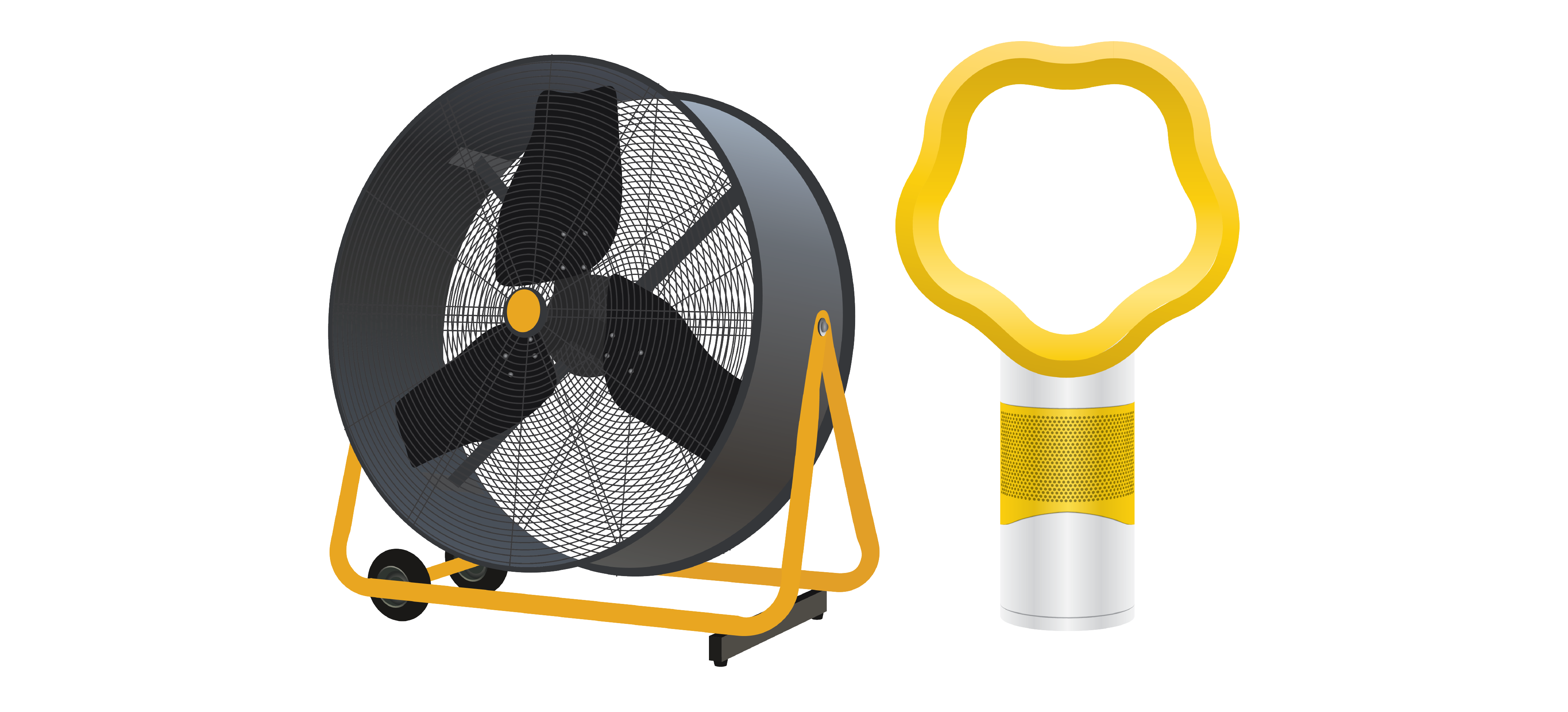 Two fans. Left: large industrial black and yellow fan with blades on wheels. Right: modern and silver yellow fan with no blades.