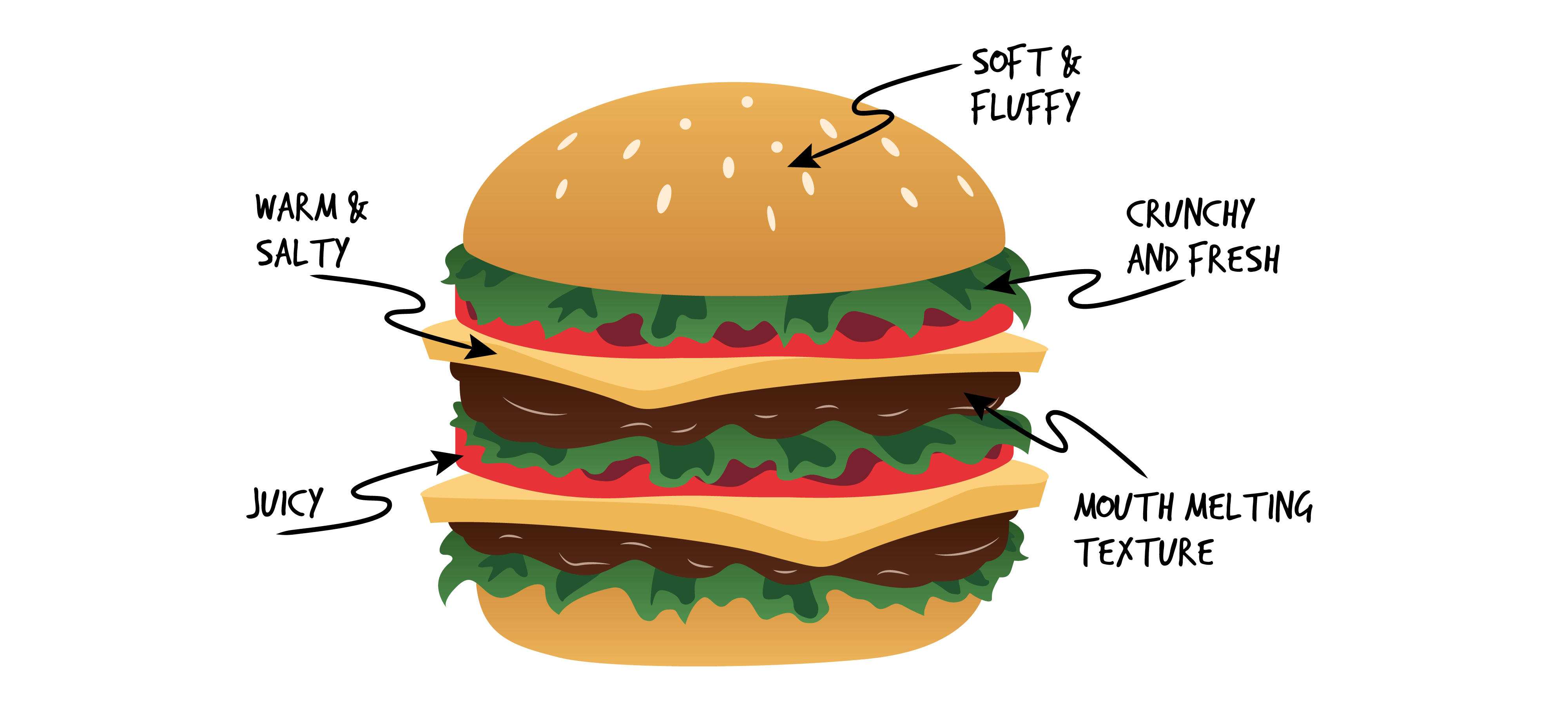 Burger with sesame bun and two layers of lettuce, patty, cheese and tomato. Text Soft &amp; fluffy with arrow pointing to top bun. Text Warm &amp; salty with arrow pointing to cheese. Text Juicy with arrow pointing to tomato. Text Crunchy &amp; fresh with arrow pointing to lettuce. Text Mouth melting texture with arrow pointing to patty.