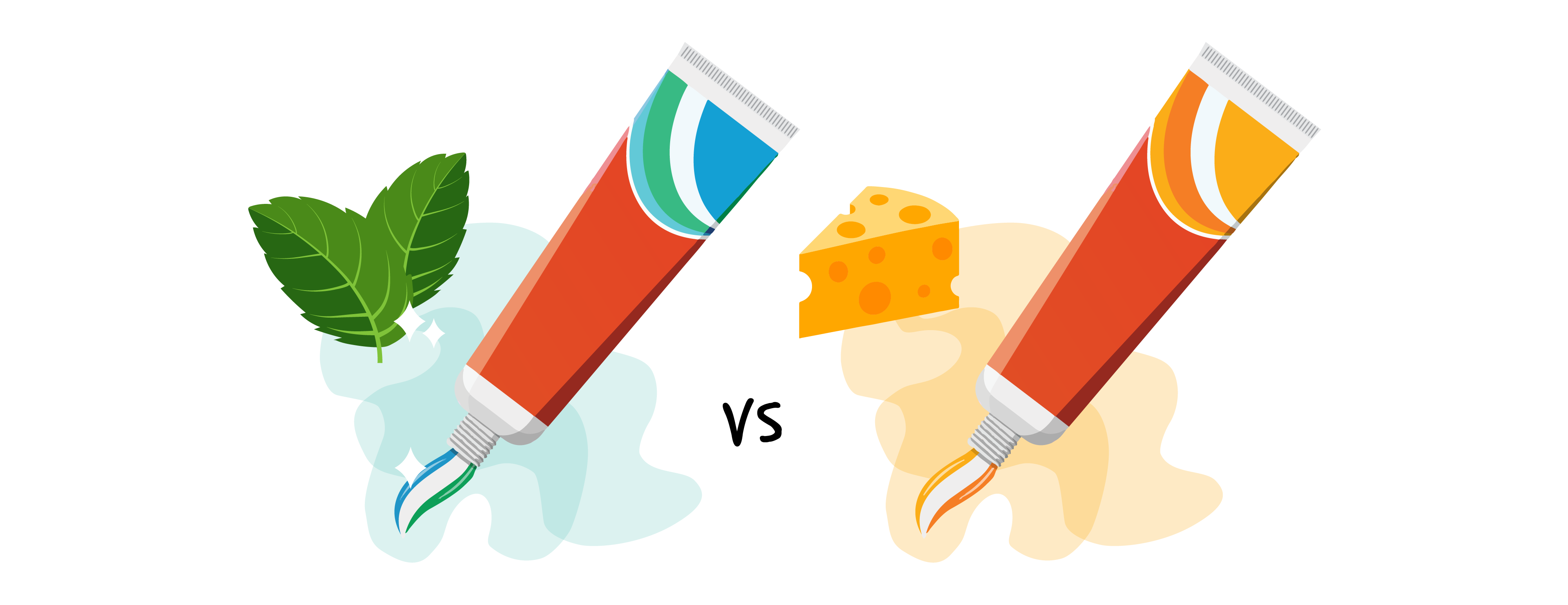 2 tubes of toothpaste. Left: the tube has blue and teal details with two mint leaves next to it. Center: versus text. Right: the tube has orange and yellow details with a slice of cheese next to it.
