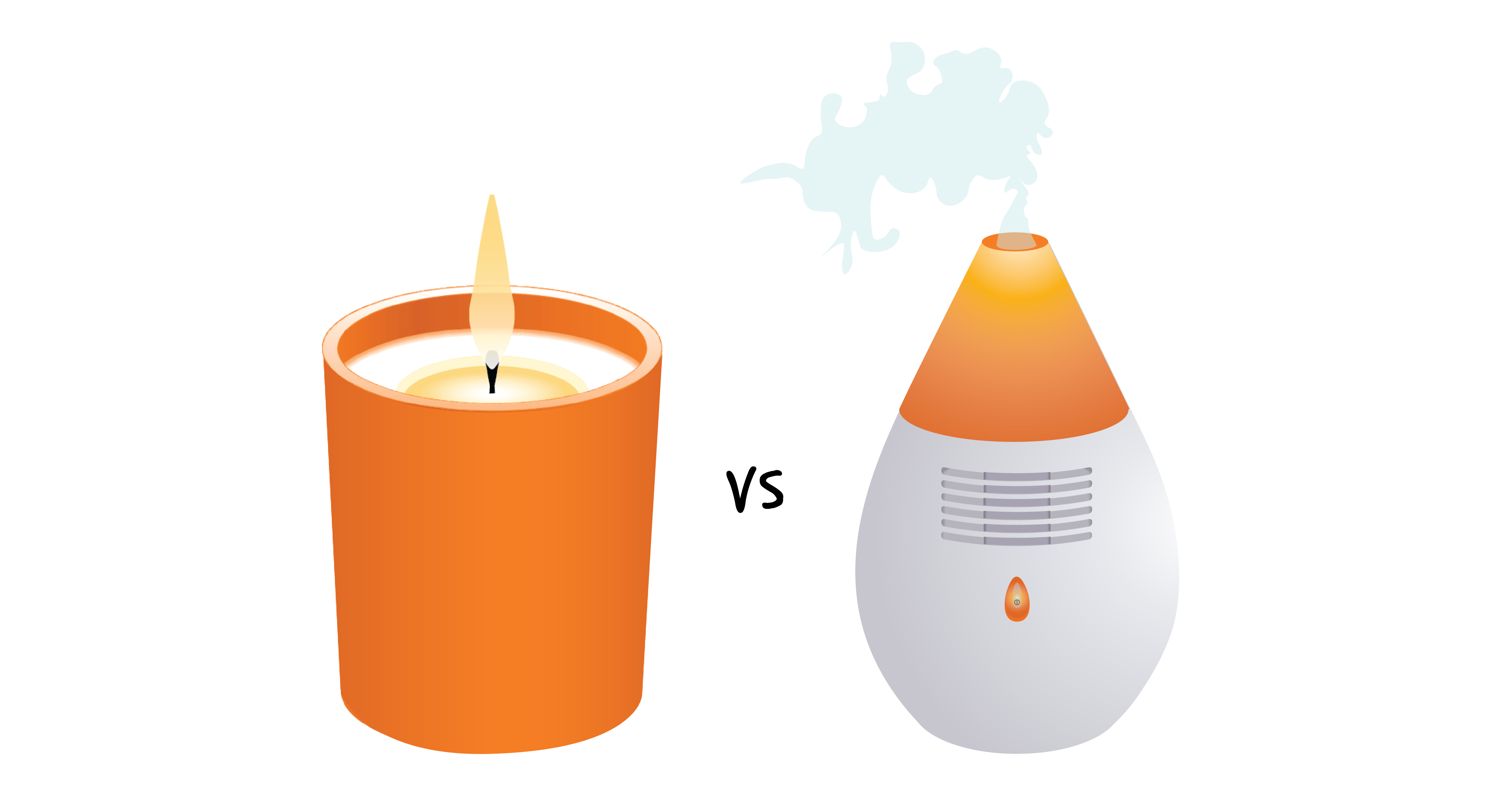 Left: a lit orange candle. Center: versus text. Right: orange and white oil diffuser with steam being emitted.