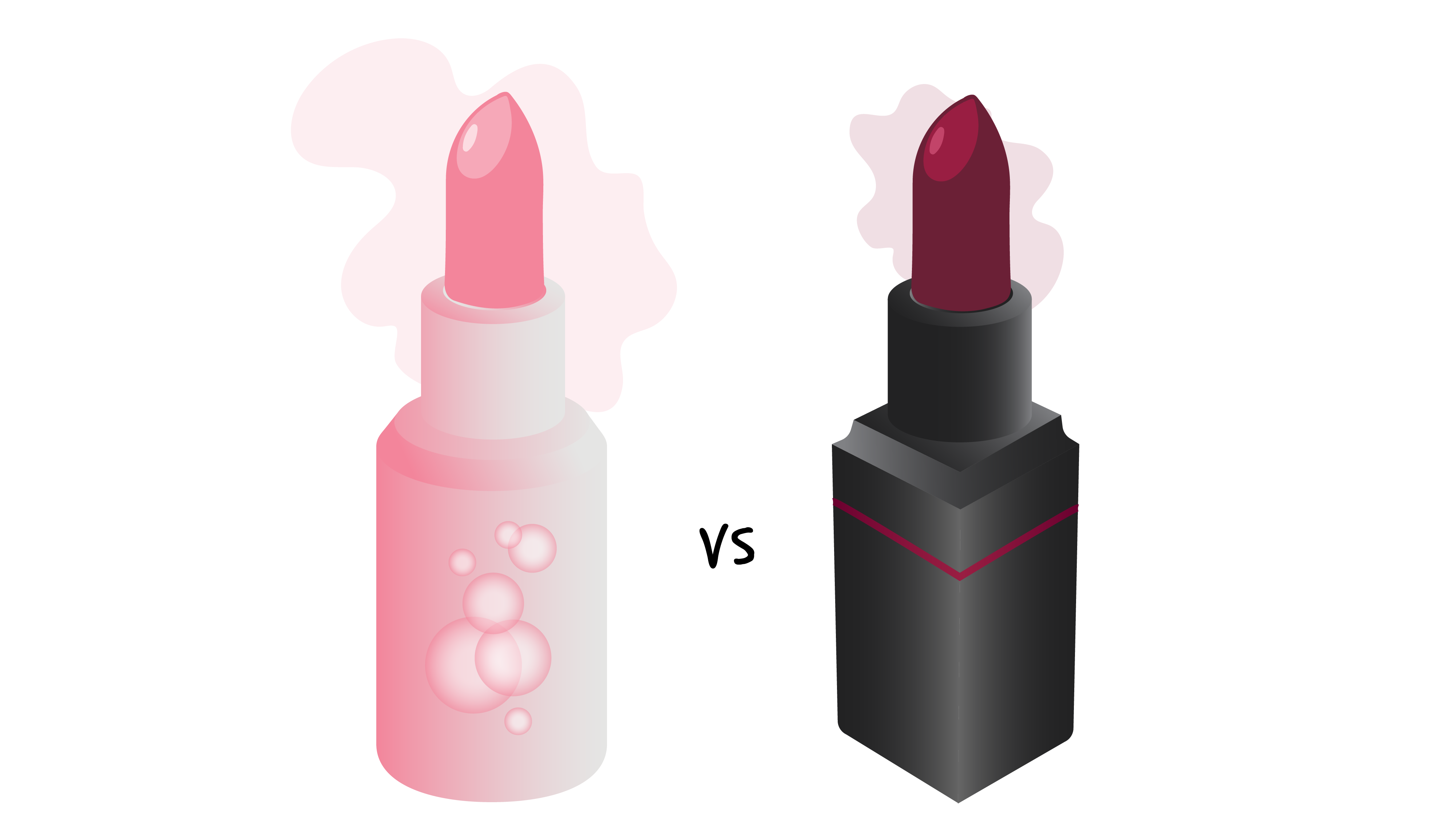 Left: light pink lipstick tube with bubble graphics on the front. Center: versus text. Right: traditional black lipstick tube with burgundy lipstick inside.