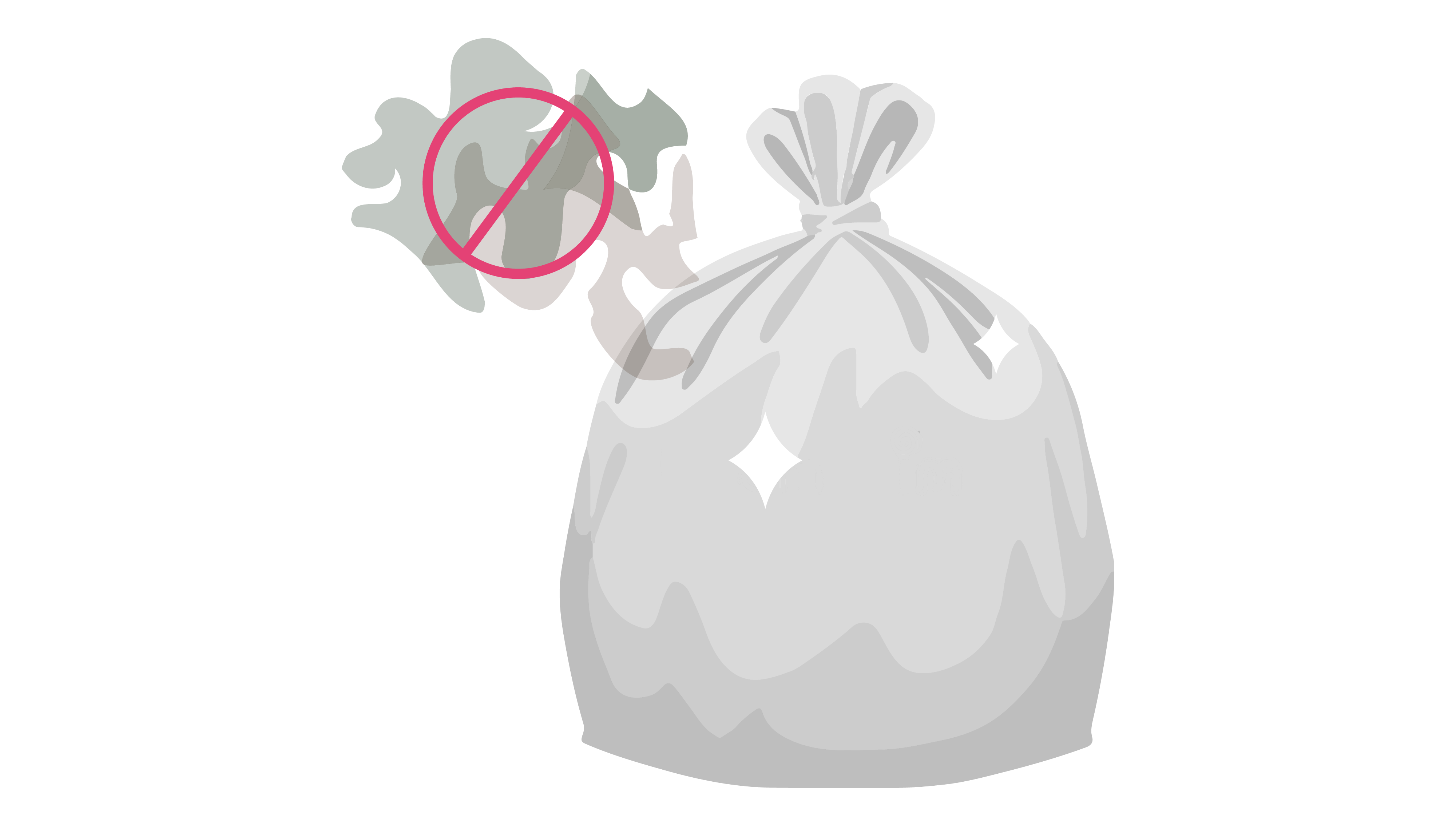 Grey garbage bag that gradually gets darker going to the bottom. Different shades of grey clouds coming from bag with a red prohibited symbol overtop.