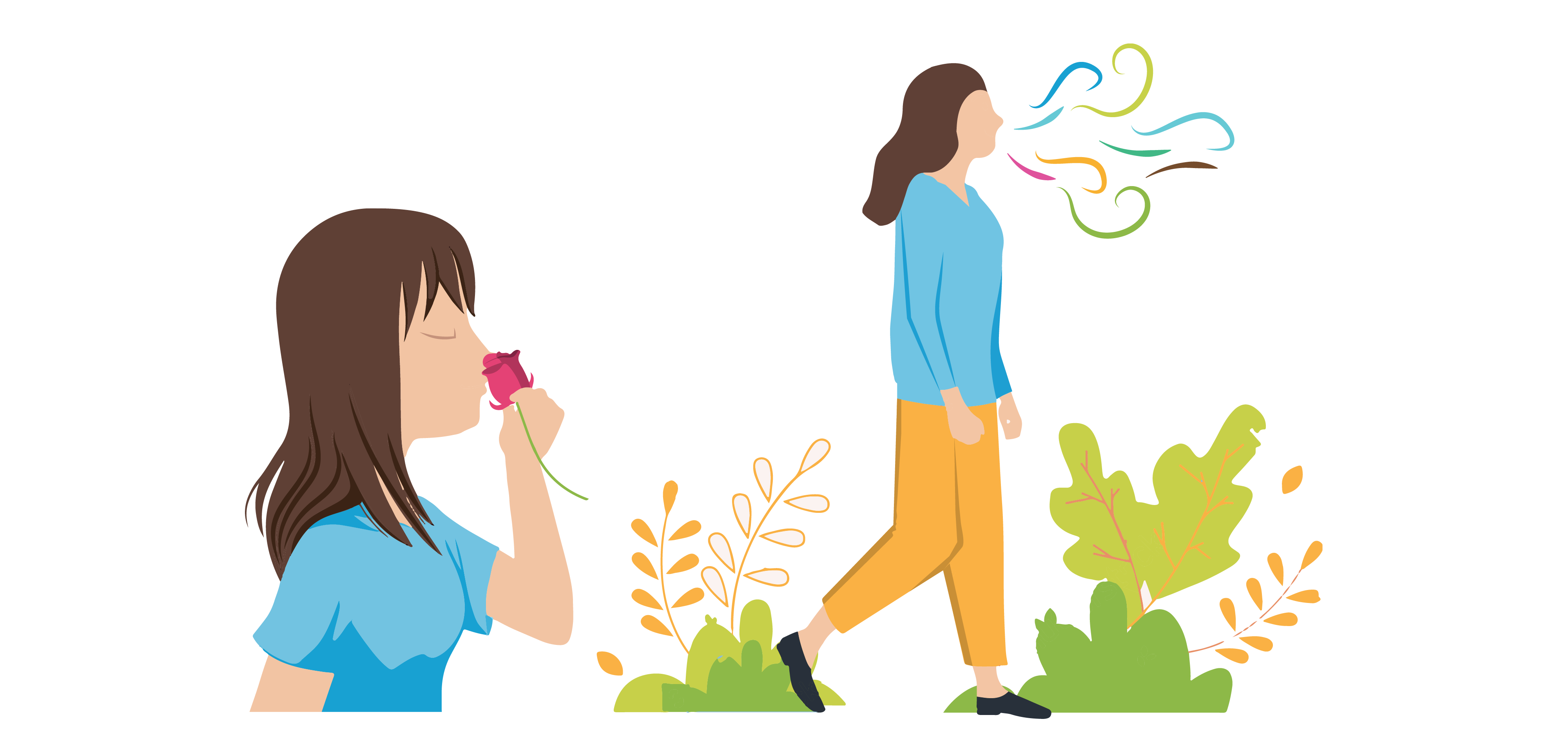 Left: Person with long, brown hair and is wearing a blue shirt, is holding and smelling a pink rose. Right: Person with long, brown hair and is wearing a blue shirt, yellow pants and black shoes is walking. Behind her are green bushes and orange plants. Coming out of her face are blue, green, orange and purple wavy lines.