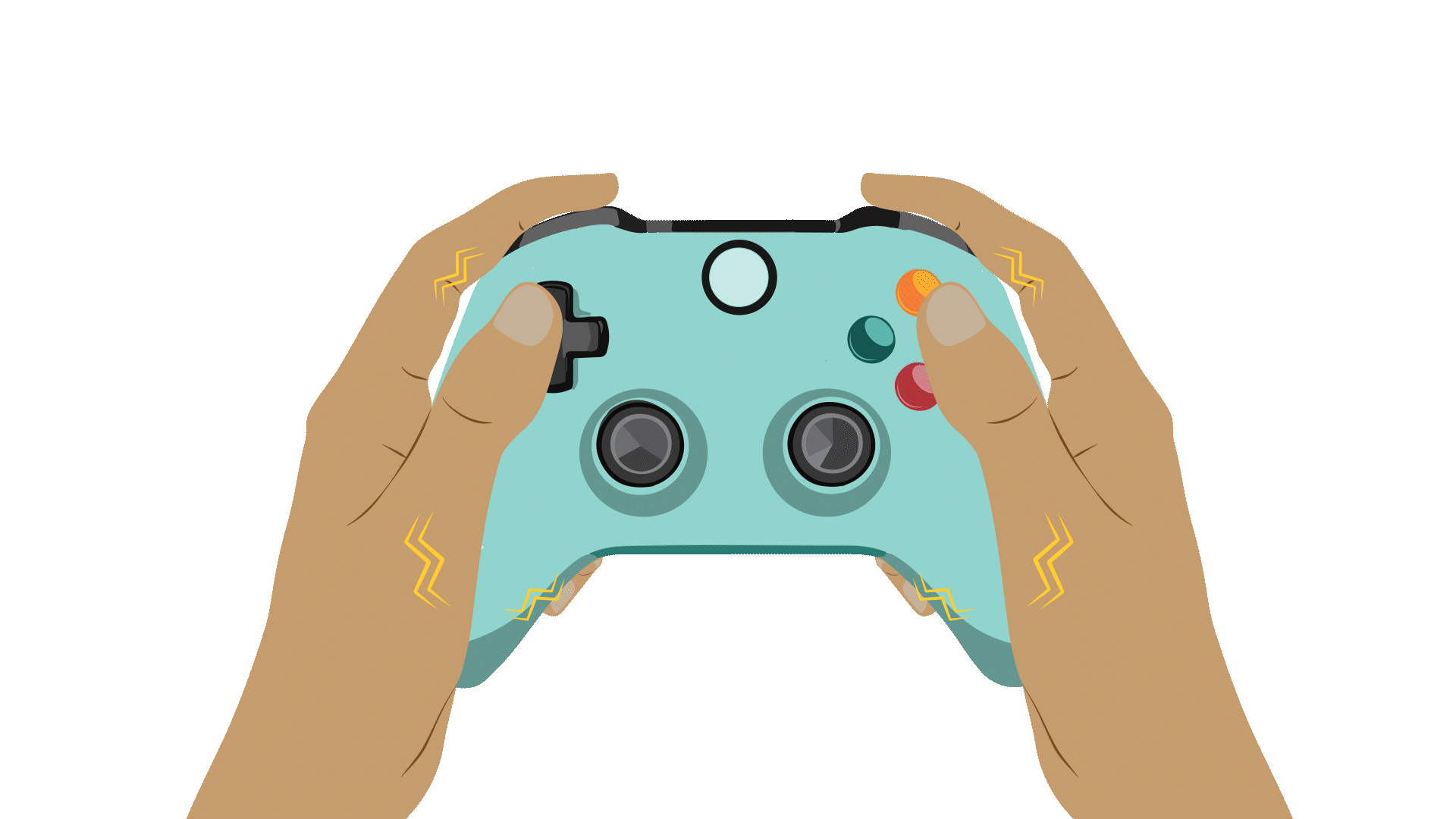 Two hands hold a teal game controller. Yellow squiggly lines vibrate from the controller.