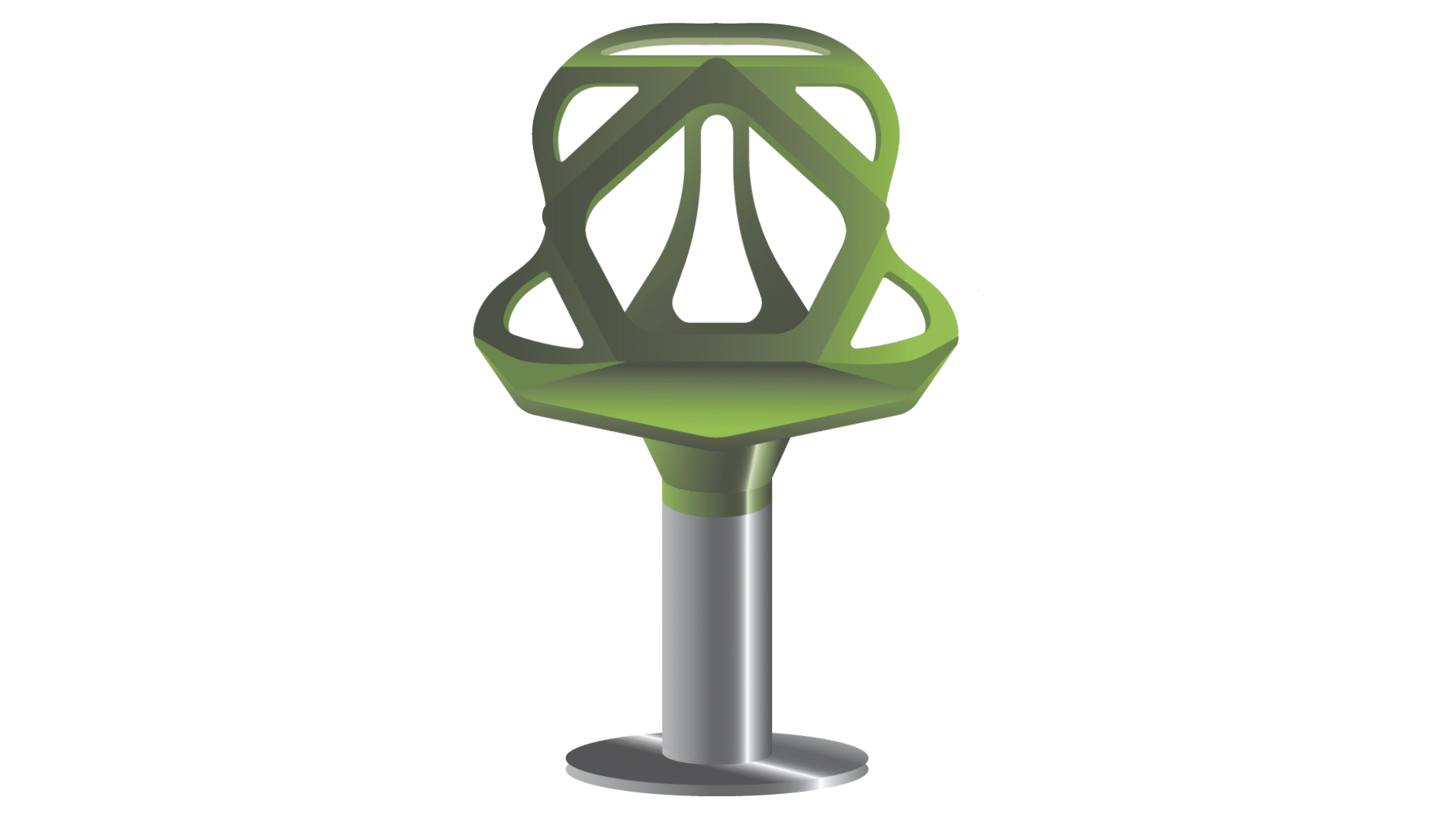 A funky green chair seat is shown with two different bases. In one, the base is a straight metal column leading to a flat platform at the base. In the other, the base is conical, going from being thinner at the top to thicker at the bottom.