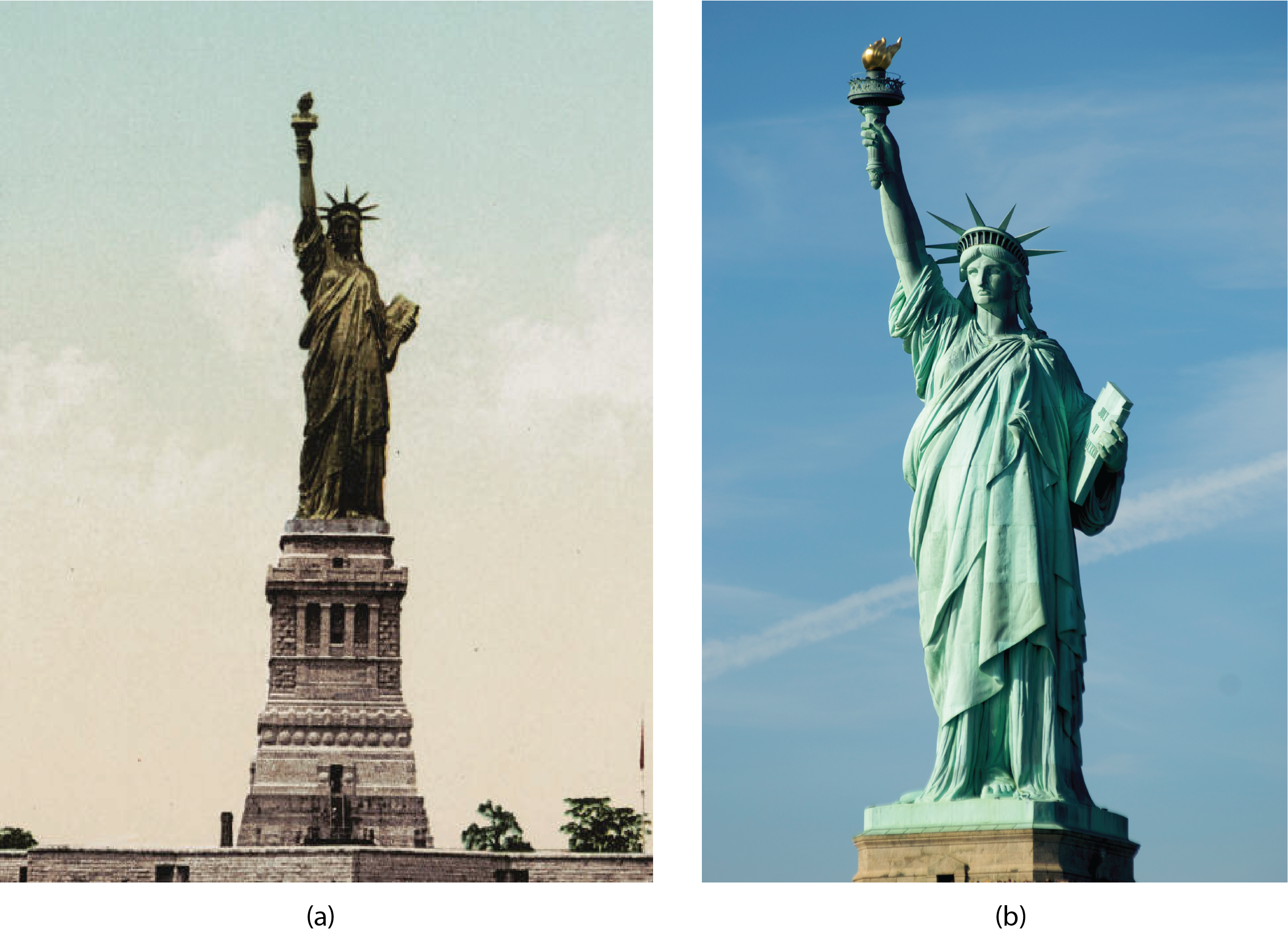 Two photos of the Statue of Liberty are shown. The left photo depicts the original brown color of the copper. The right photo depicts the blue-green appearance of the statue today.